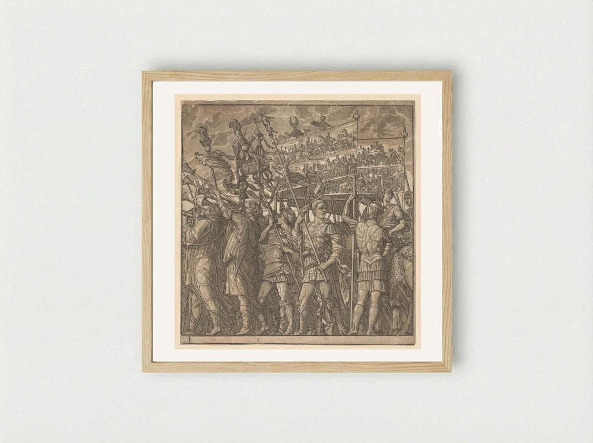 The Triumph of Julius Caesar: Soldiers Carrying the Pictures of War - Andrea Andreani - Framed Print Wood