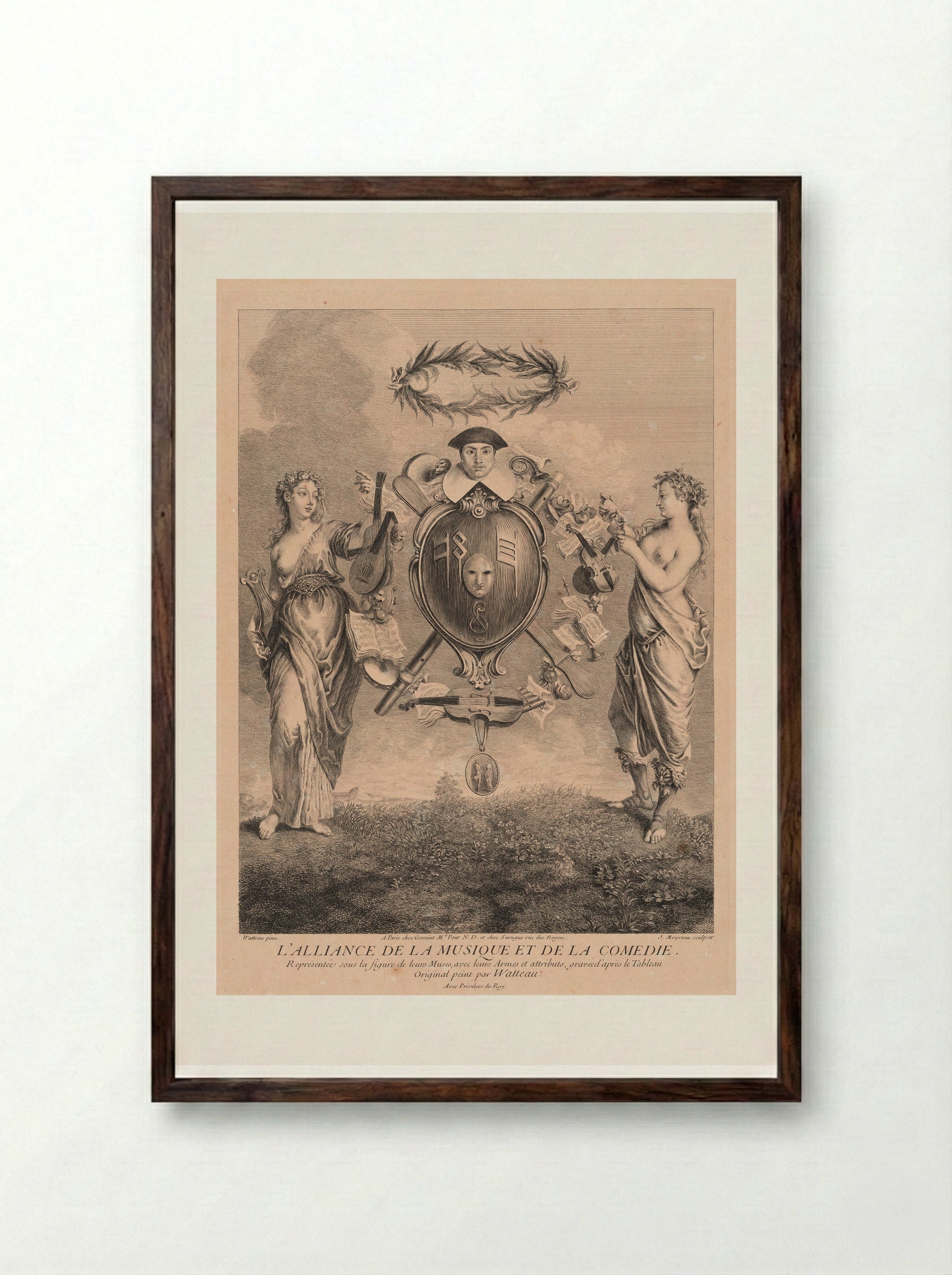 The Union of Music and Comedy - Jean Moyreau - Framed Print Dark Wood
