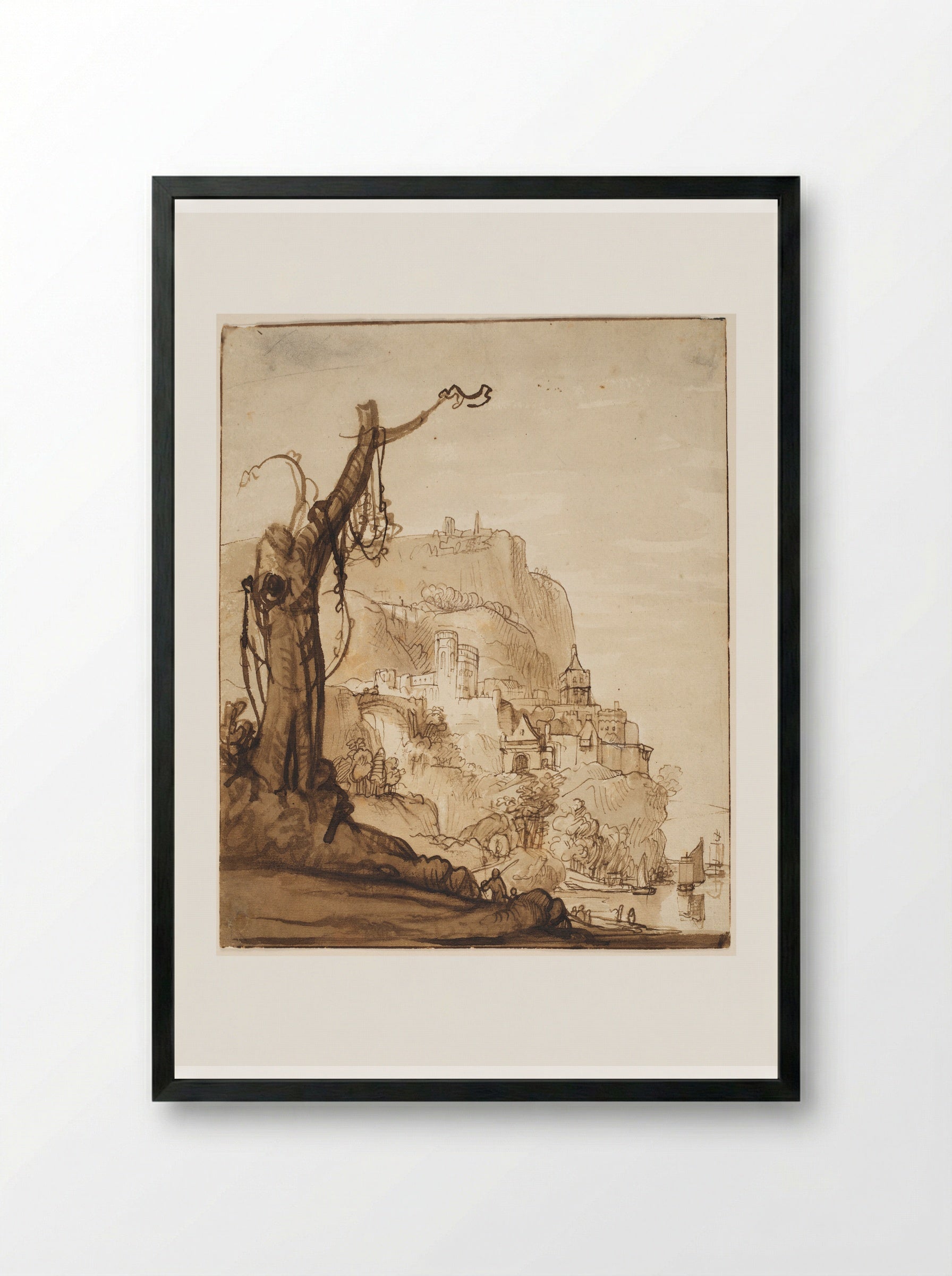 The Valkhof, Nijmegen, in an Imaginary Landscape - Nicolaes Maes - Framed Print Black