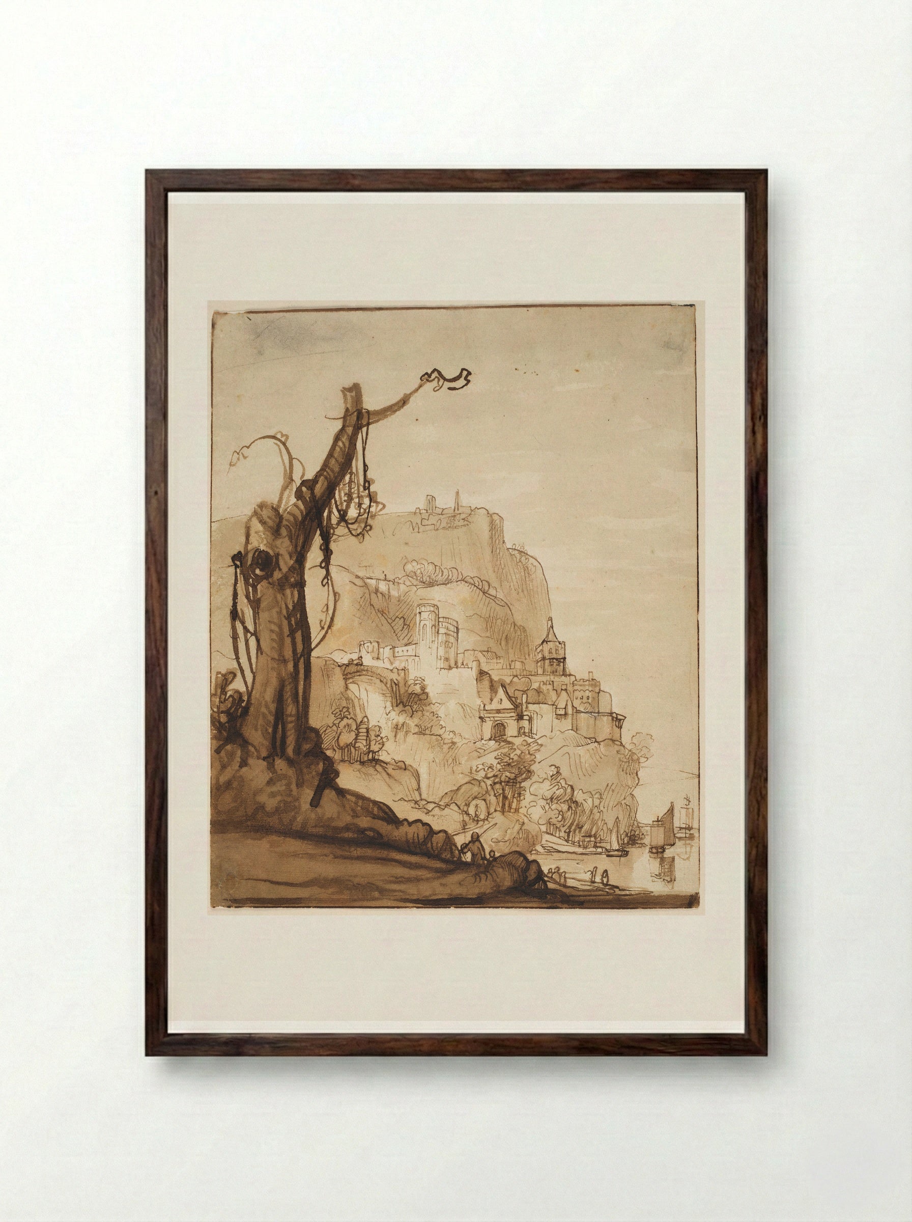 The Valkhof, Nijmegen, in an Imaginary Landscape - Nicolaes Maes - Framed Print Dark Wood
