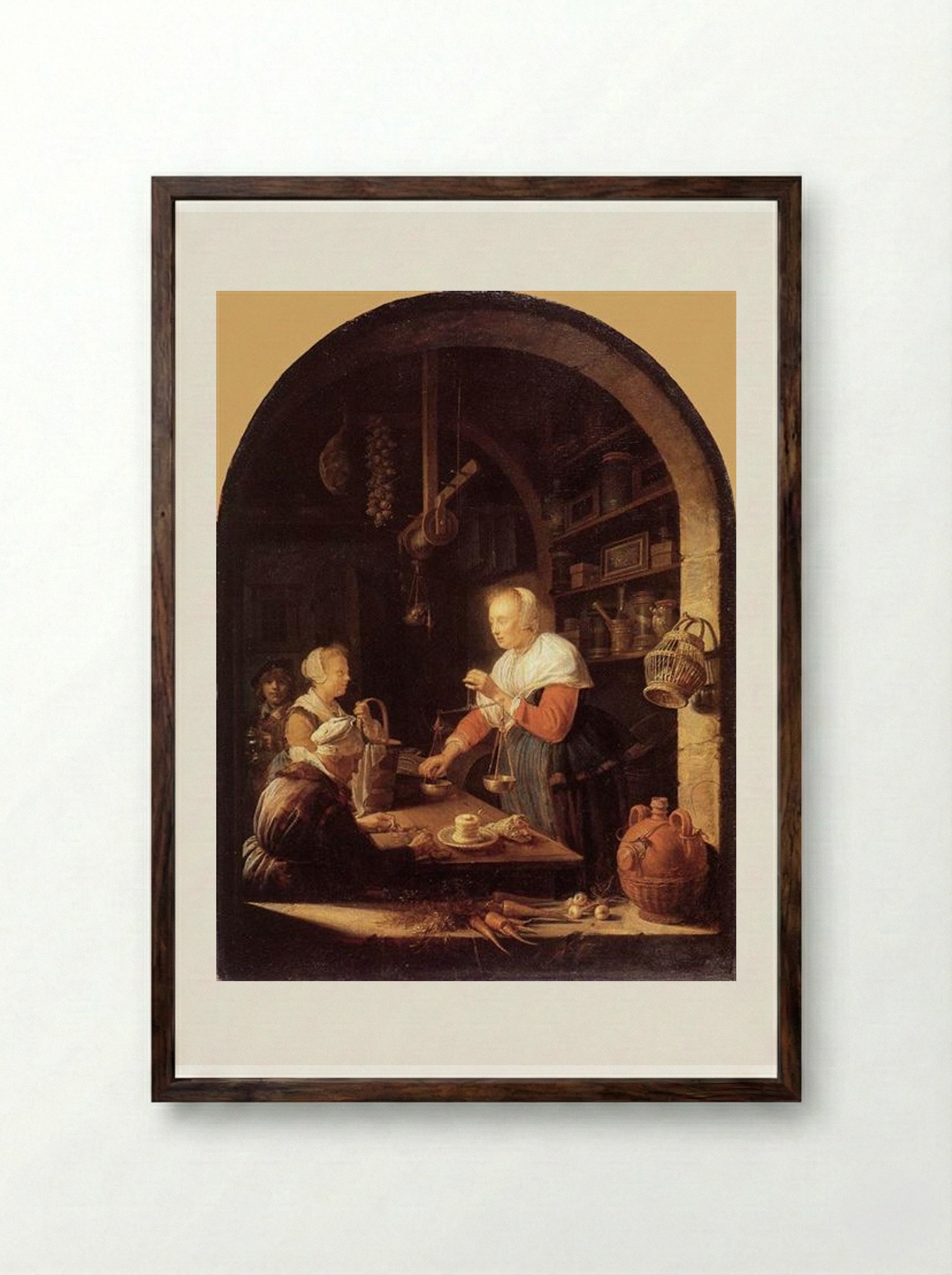 The Village Grocer - Gerrit Dou - Framed Print Dark Wood