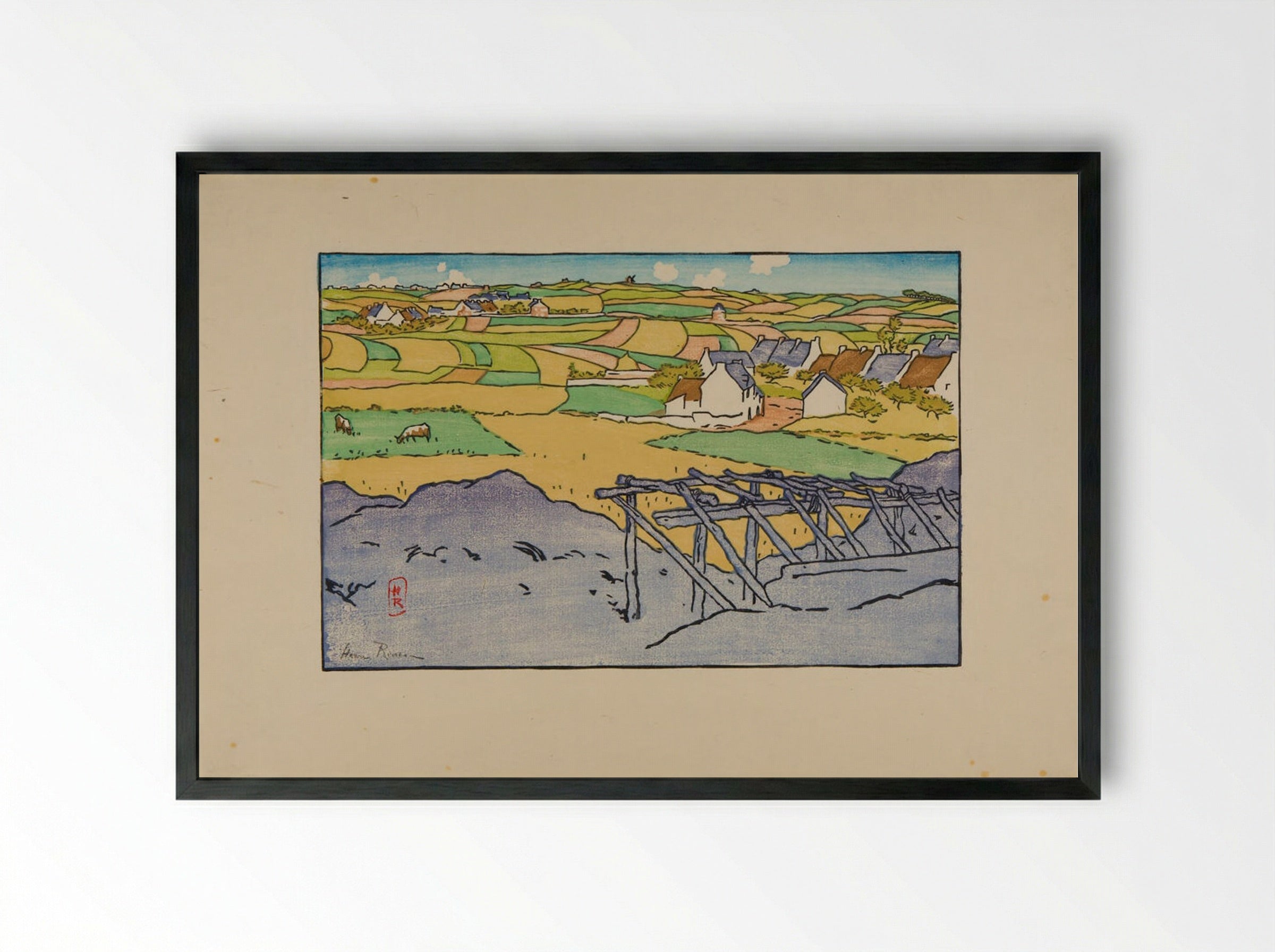 The Village with the Chapel Seen from Tertres (St. Briac) - Henri Rivière - Framed Print Black