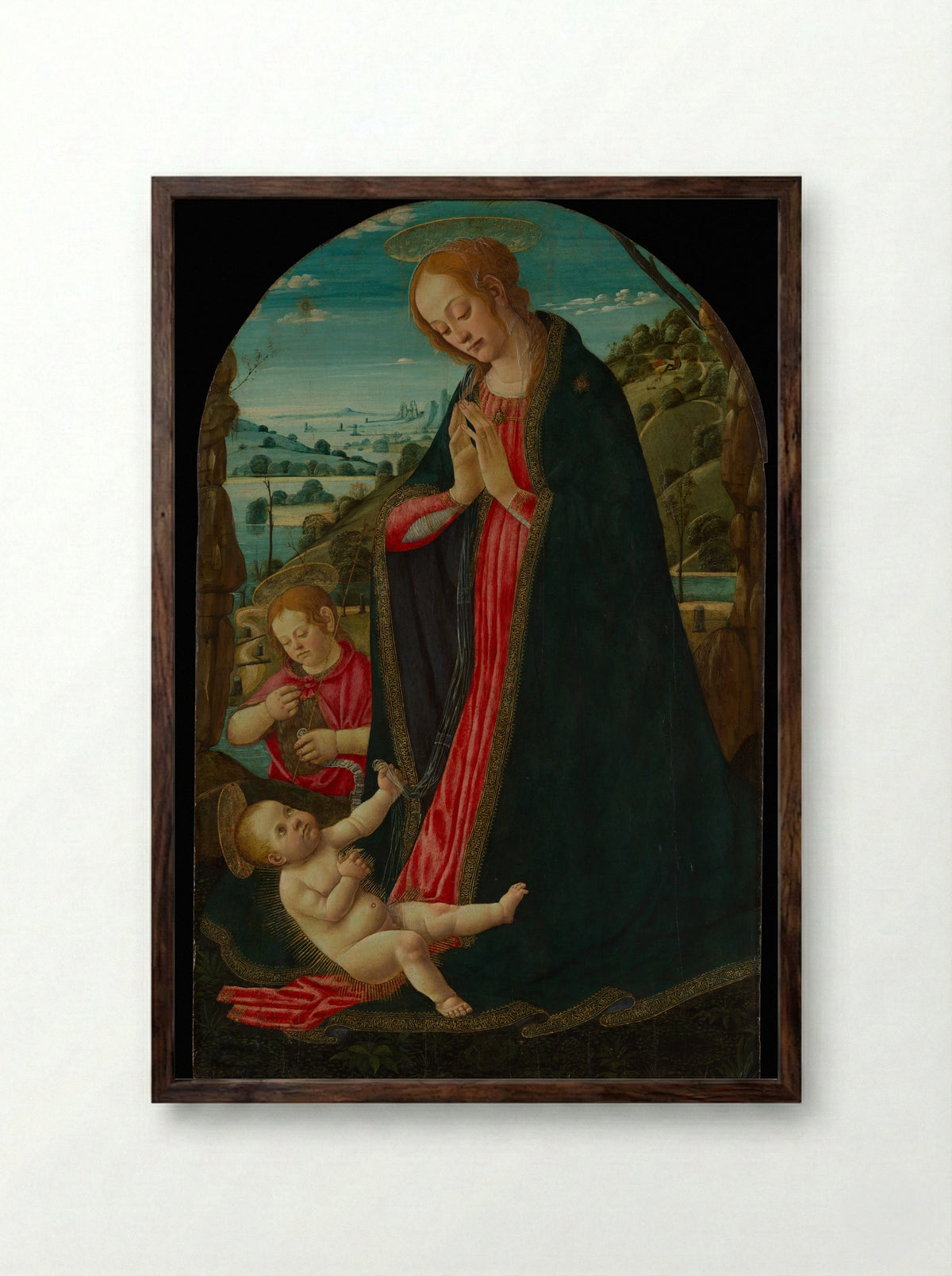 The Virgin Adoring the Child with the Infant Saint John the Baptist - Jacopo del Sellaio - Framed Print Dark Wood