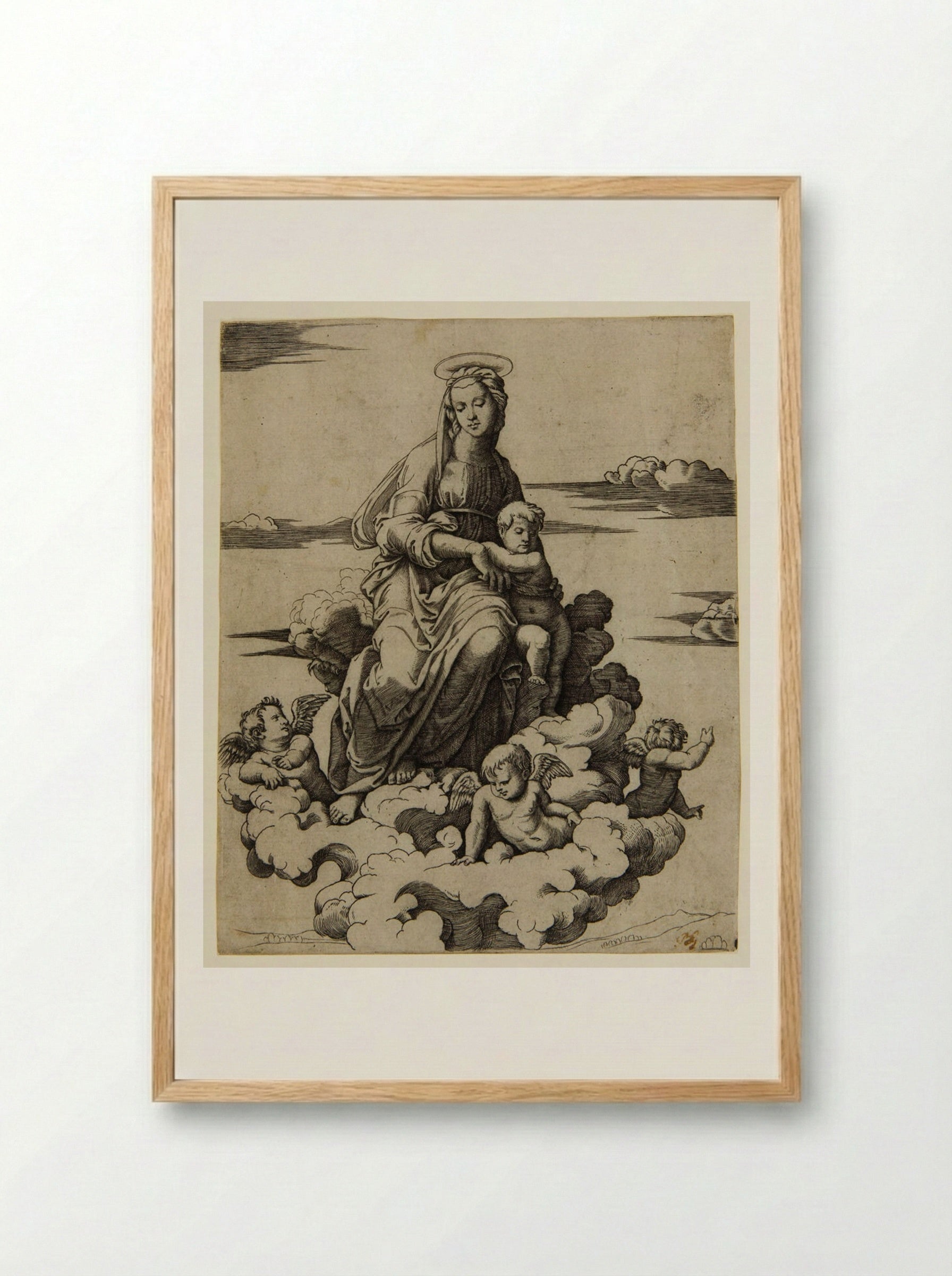 The Virgin Seated on the Clouds - Marcantonio Raimondi - Framed Print Wood