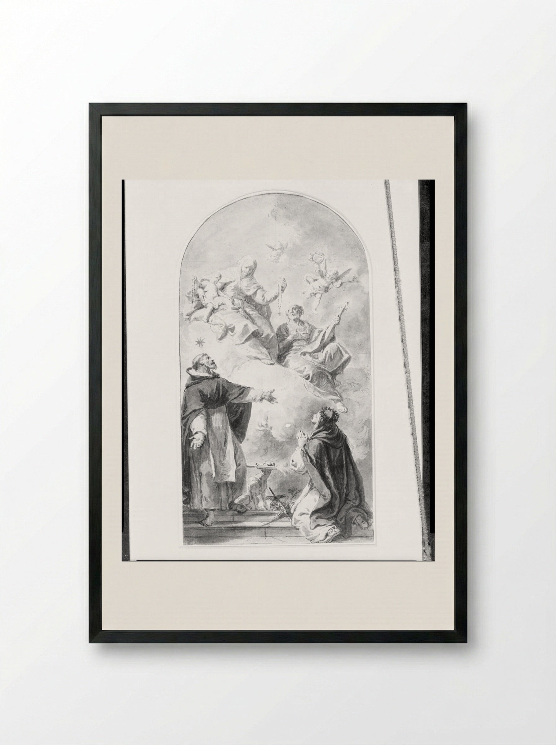 The Virgin and Child Presenting the Rosary to Saint Dominic and Saint Catherine of Siena - Francesco Fontebasso - Framed Print Black