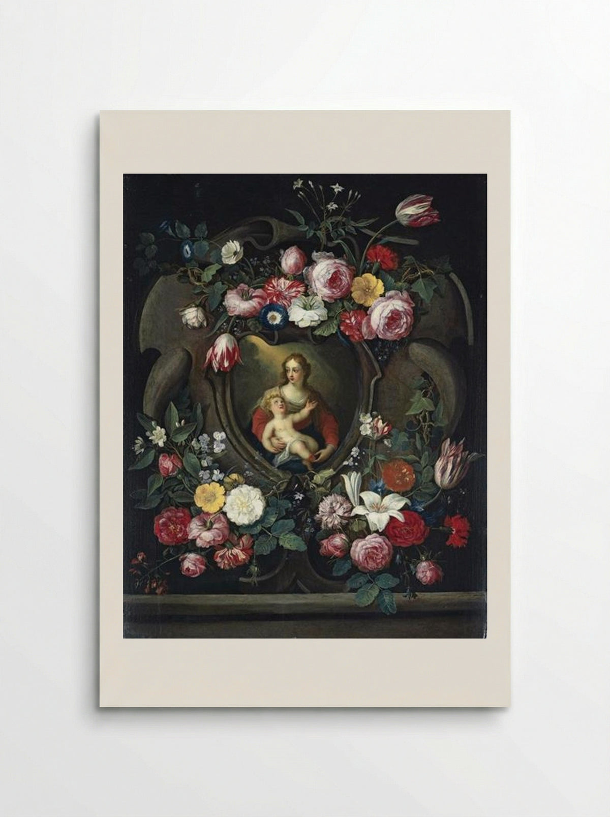 The Virgin and Child, in a Sculpted Cartouche, Surrounded by Garlands of Roses, Tulips, Carnations, Lillies and Other Flowers - Jan van Kessel the Elder - Poster
