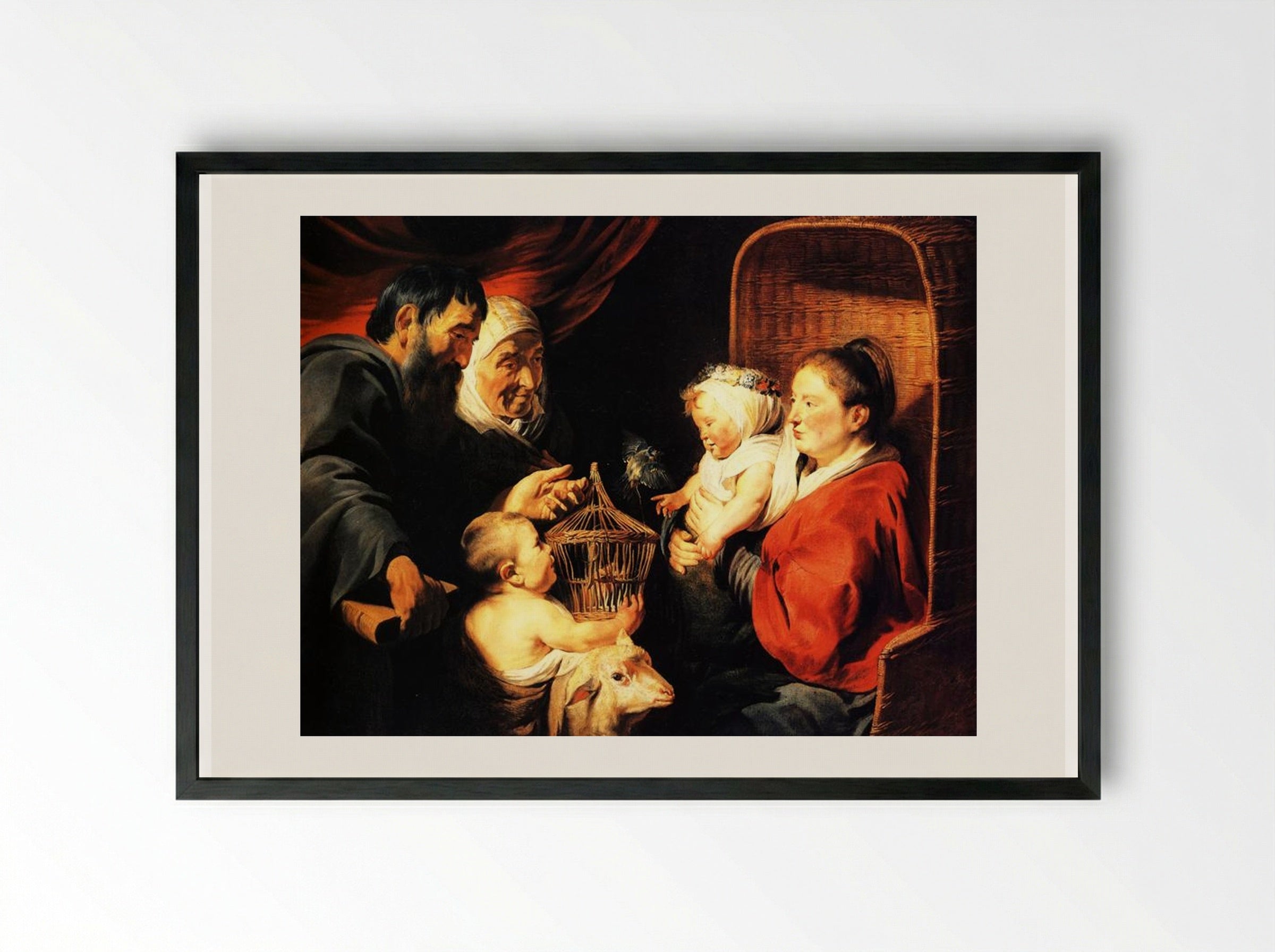 The Virgin and Child in the company of little St. John and his parents - Jacob Jordaens - Framed Print Black