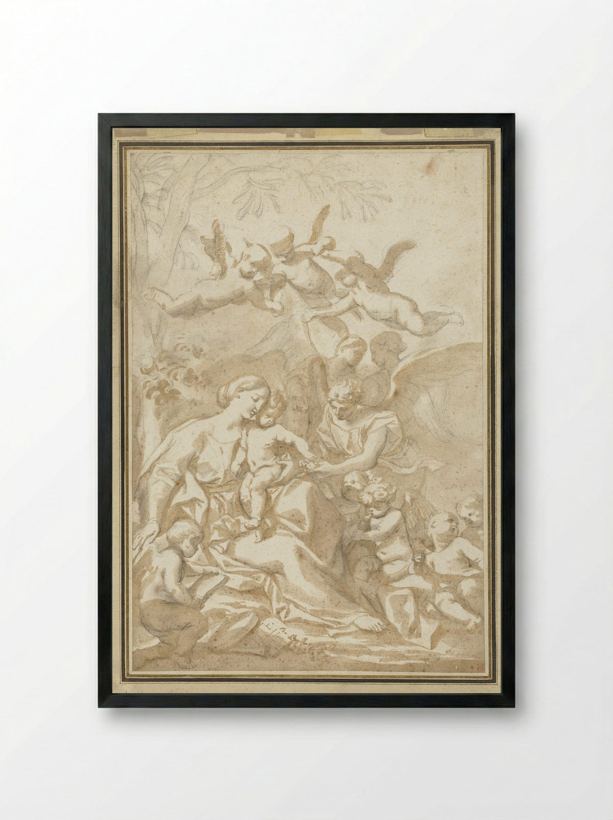 The Virgin and Child with Angels under a Tree - Domenico Piola - Framed Print Black