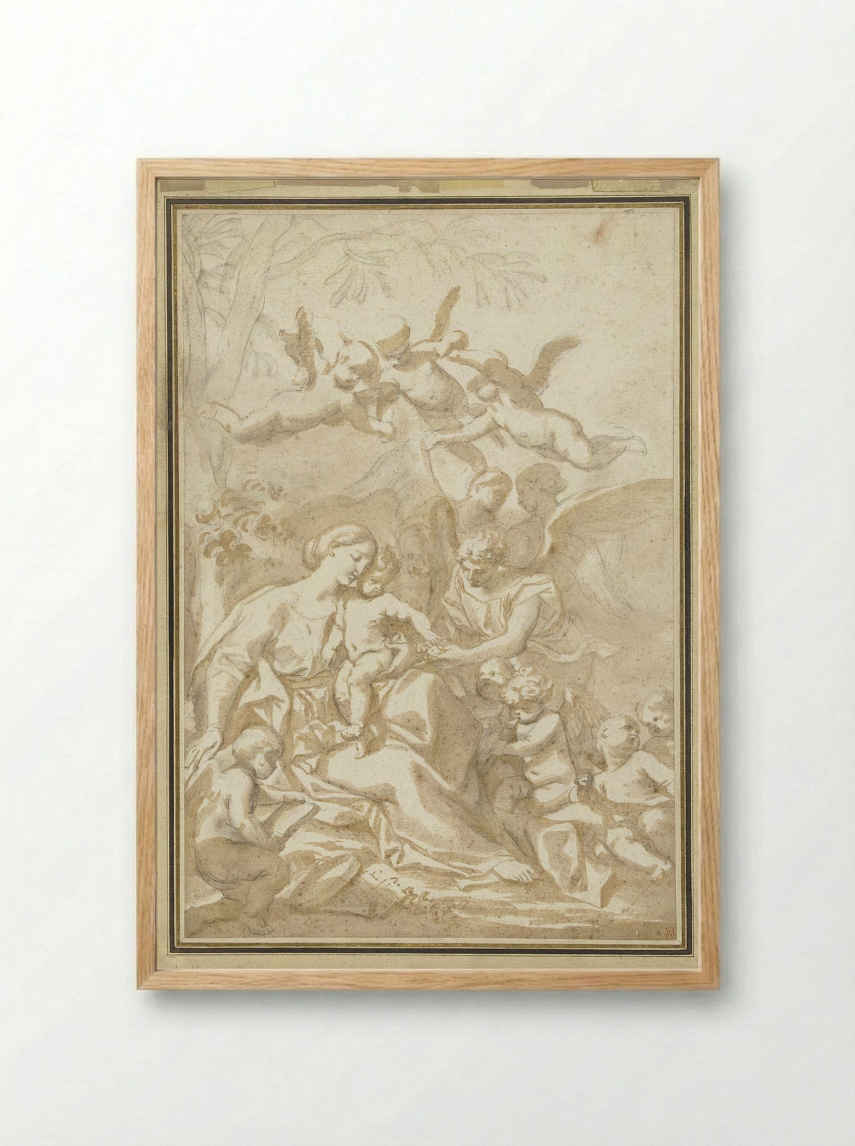The Virgin and Child with Angels under a Tree - Domenico Piola - Framed Print Wood