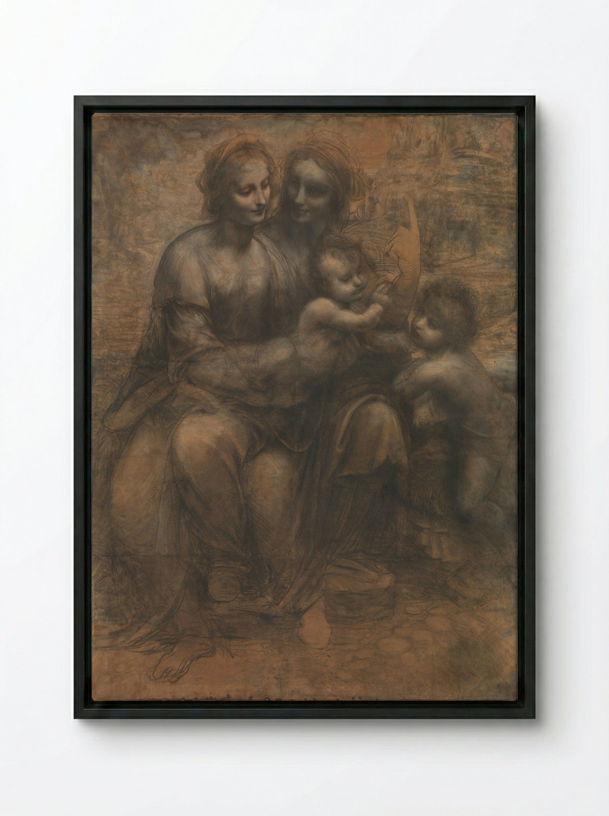 The Virgin and Child with Saint Anne and Saint John the Baptist - Leonardo da Vinci - Framed Canvas Black