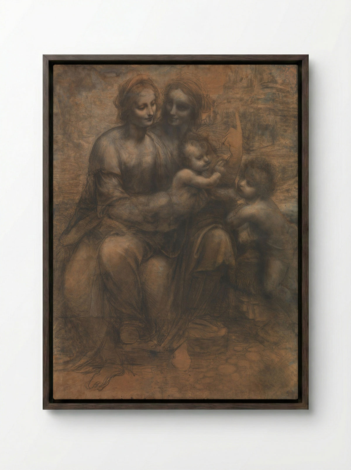 The Virgin and Child with Saint Anne and Saint John the Baptist - Leonardo da Vinci - Framed Canvas Dark Wood