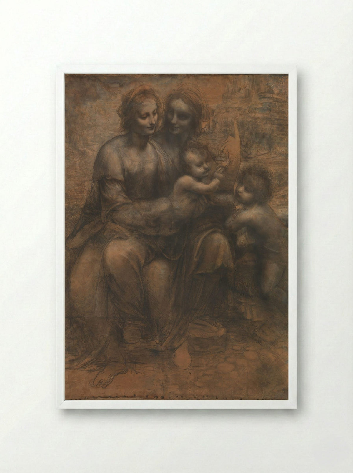 The Virgin and Child with Saint Anne and Saint John the Baptist - Leonardo da Vinci - Framed Print White