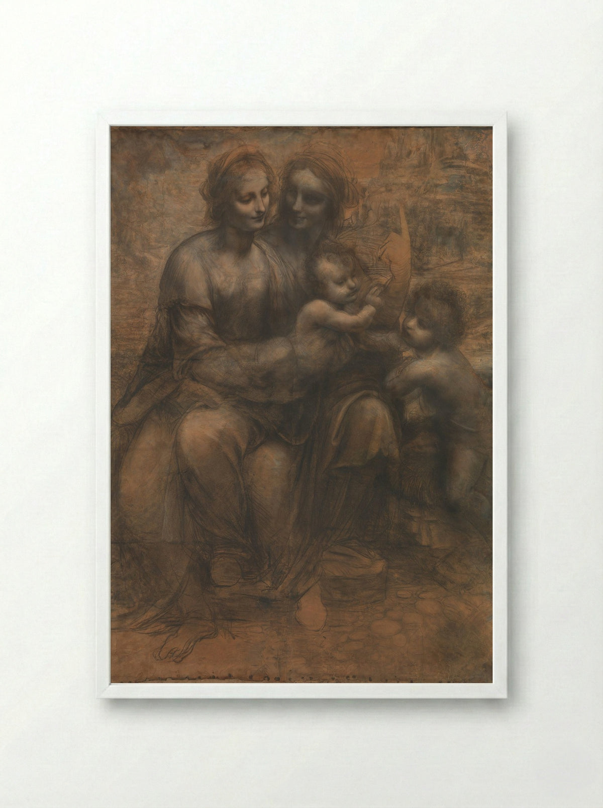The Virgin and Child with Saint Anne and Saint John the Baptist - Leonardo da Vinci - Framed Print White