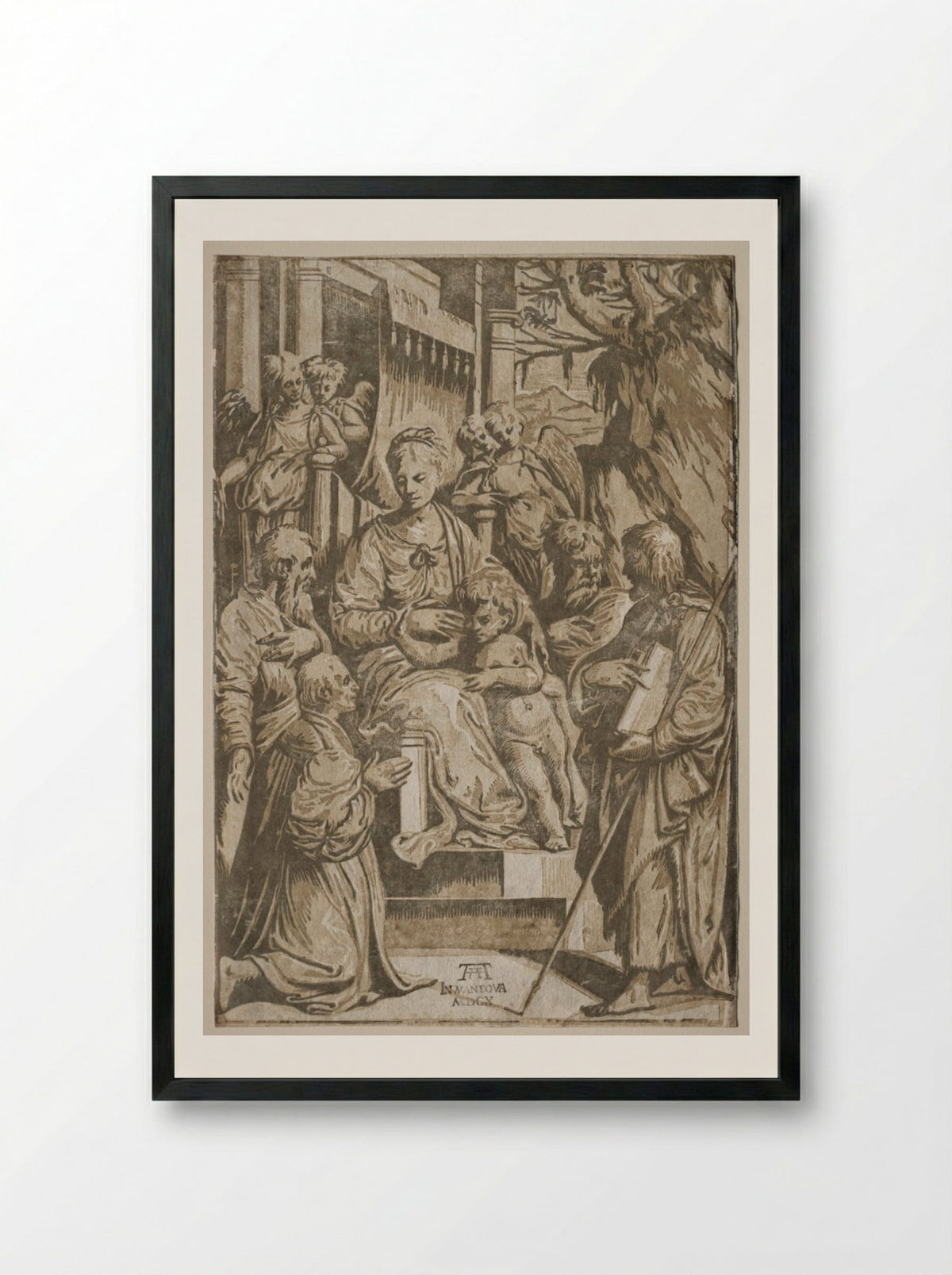 The Virgin and Child with Saints and a Donor - Andrea Andreani - Framed Print Black