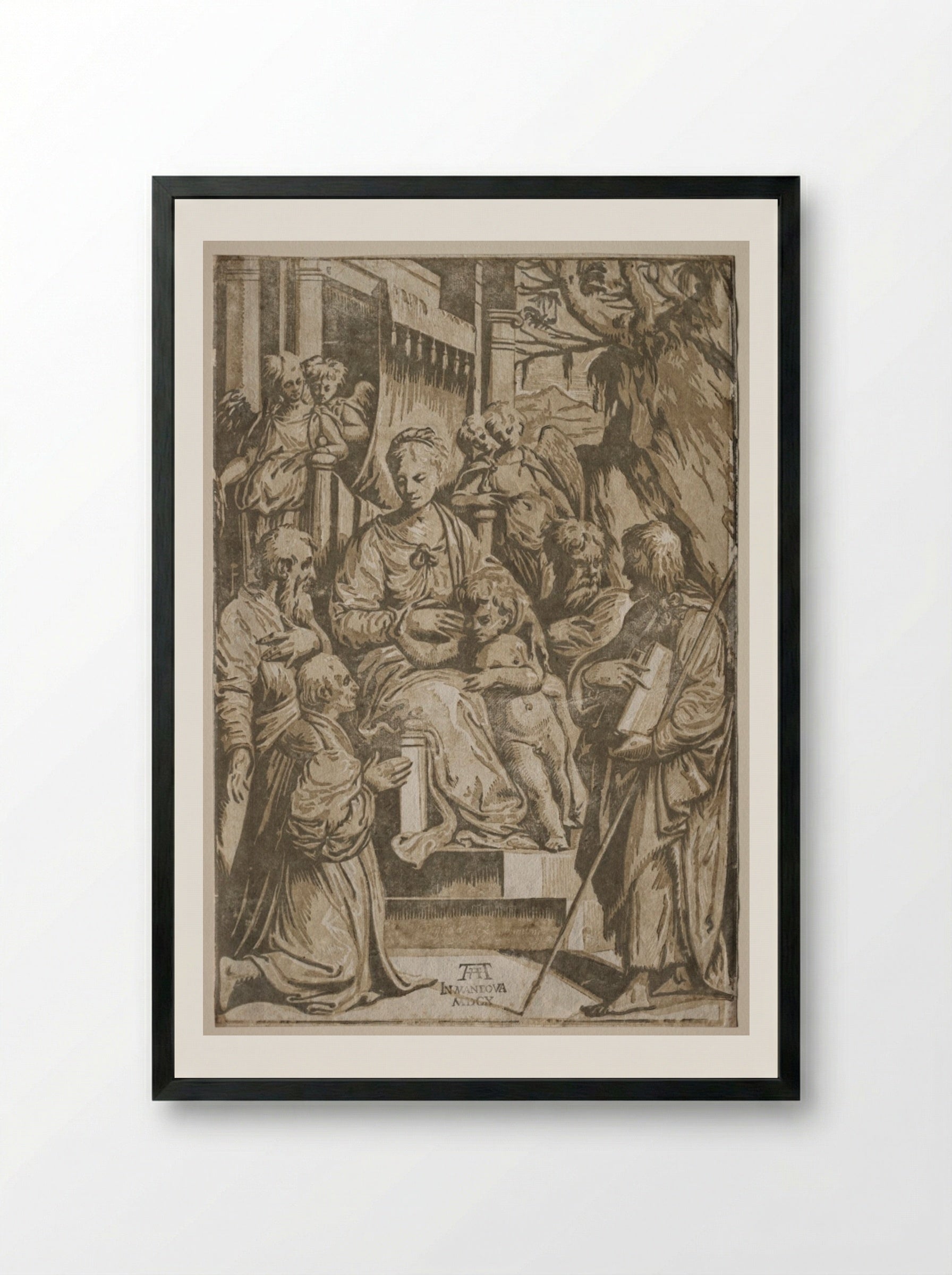 The Virgin and Child with Saints and a Donor - Andrea Andreani - Framed Print Black
