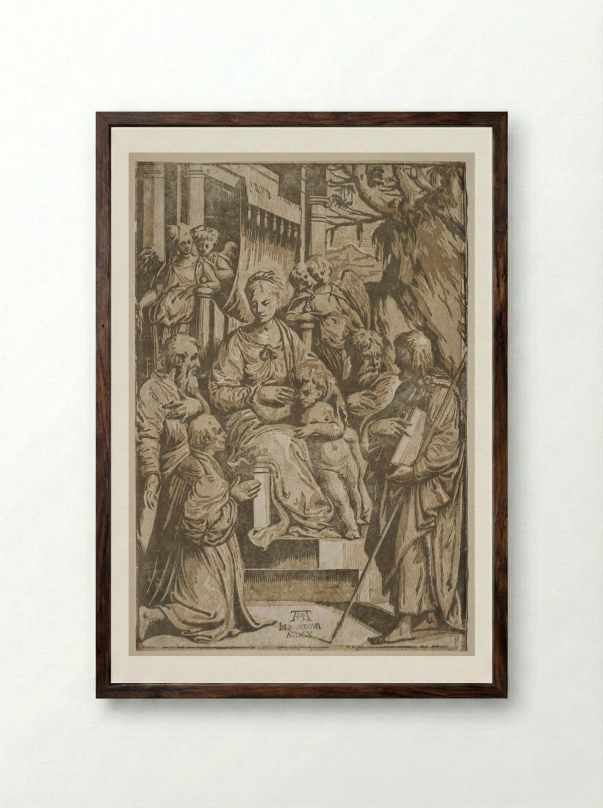 The Virgin and Child with Saints and a Donor - Andrea Andreani - Framed Print Dark Wood