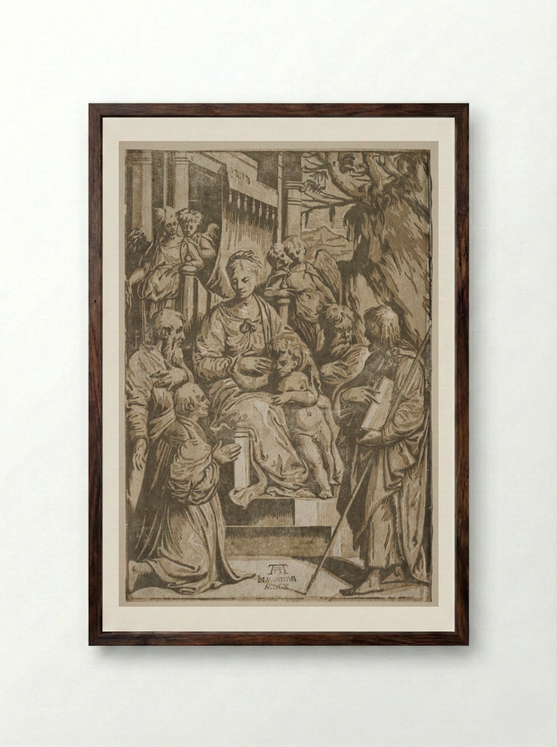 The Virgin and Child with Saints and a Donor - Andrea Andreani - Framed Print Dark Wood