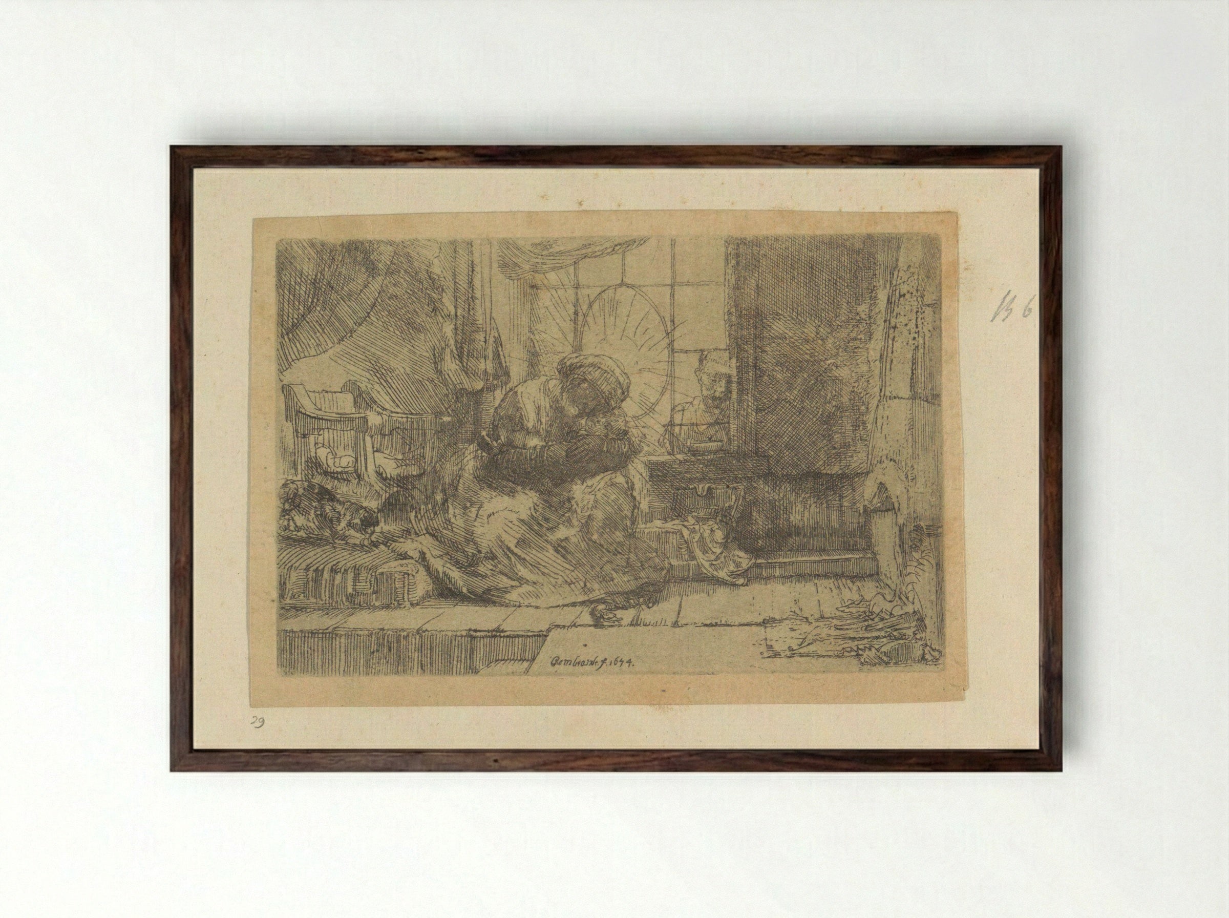 The Virgin and Child with the Cat and Snake - Rembrandt van Rijn - Framed Print Dark Wood