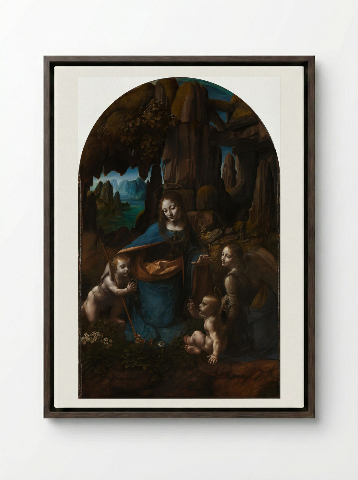 The Virgin of the Rocks - Leonardo da Vinci - Framed Canvas Dark Wood