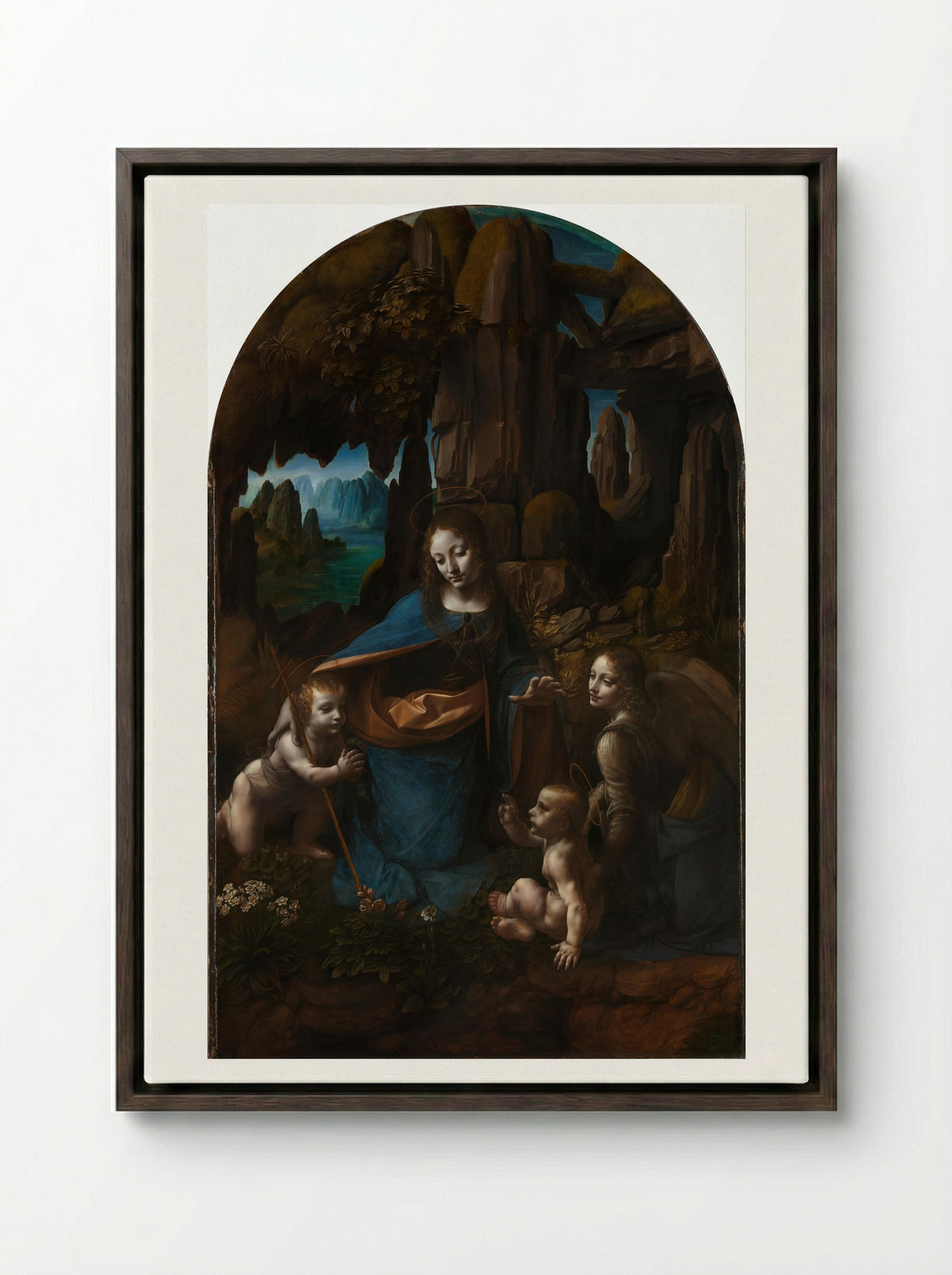 The Virgin of the Rocks - Leonardo da Vinci - Framed Canvas Dark Wood