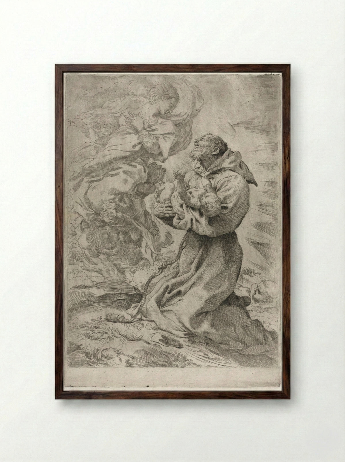 The Vision of St. Francis of Assisi - Pietro Faccini - Framed Print Dark Wood