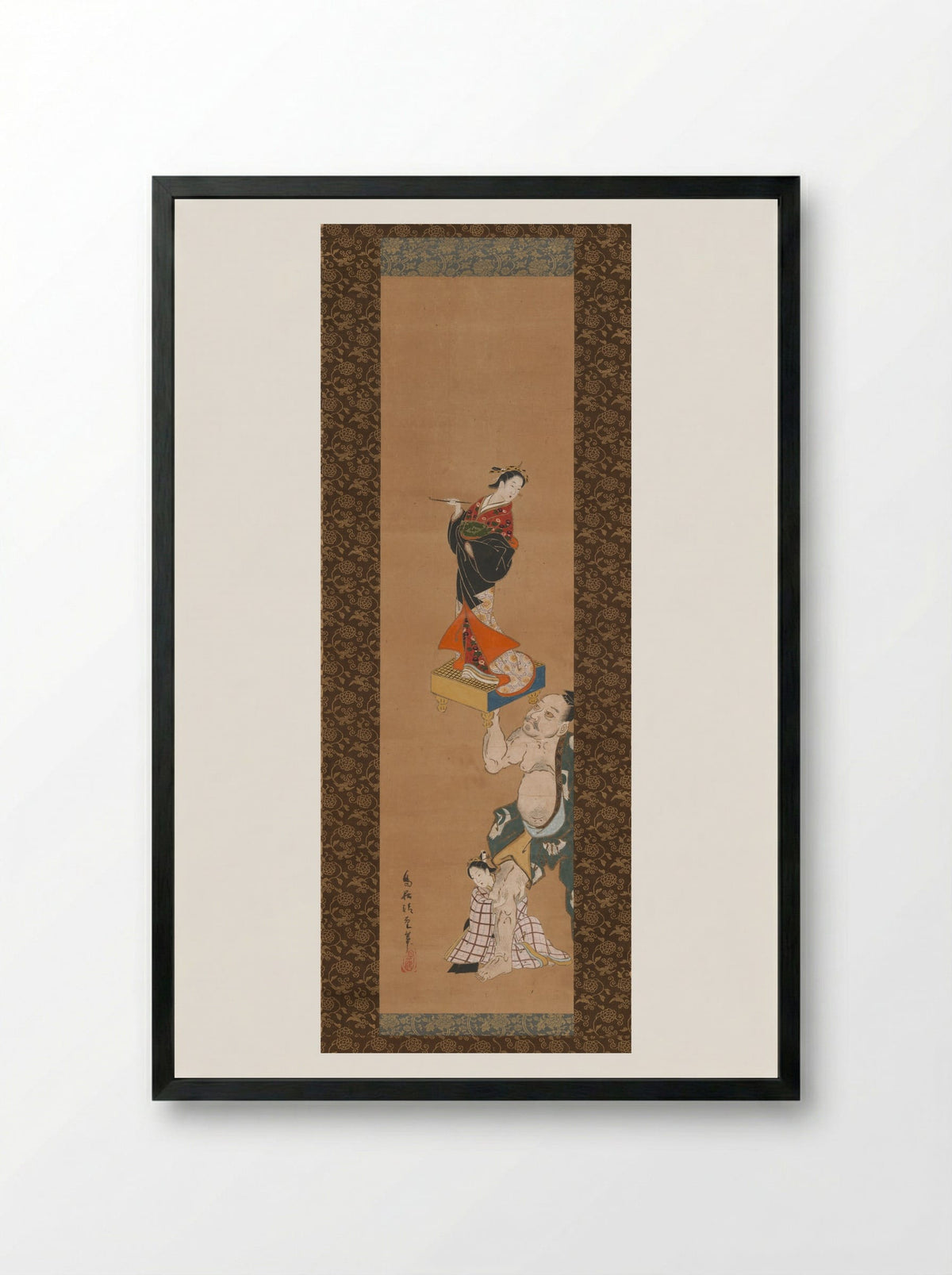 The Warrior Asahina Yoshihide Lifting a Puppet of a Courtesan on a Go Board - Torii Kiyoshige - Framed Print Black