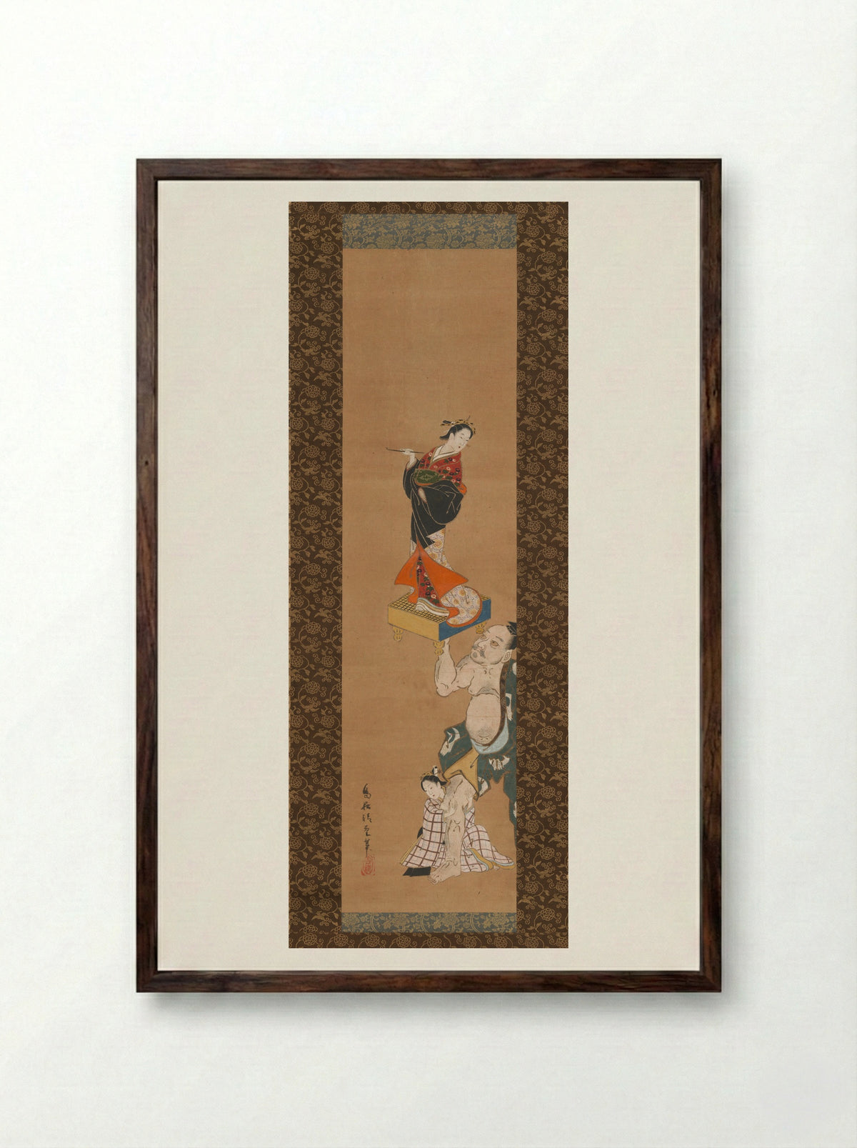 The Warrior Asahina Yoshihide Lifting a Puppet of a Courtesan on a Go Board - Torii Kiyoshige - Framed Print Dark Wood