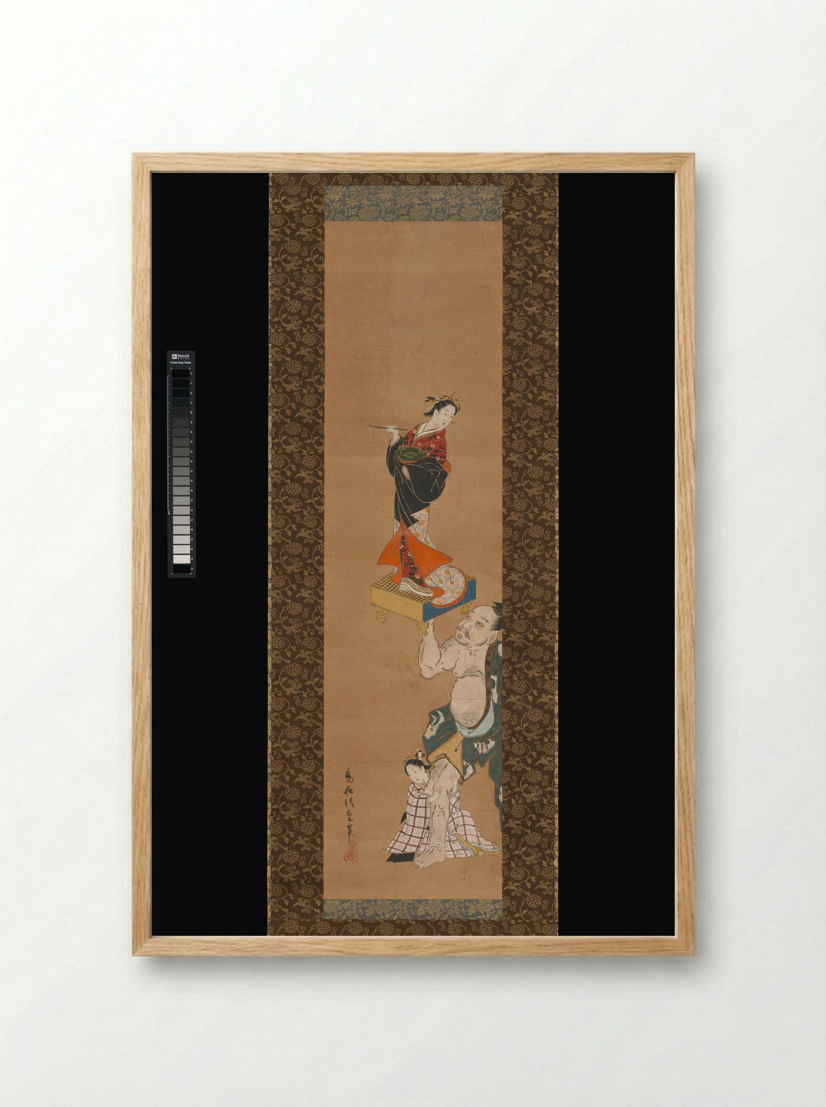 The Warrior Asahina Yoshihide Lifting a Puppet of a Courtesan on a Go Board - Torii Kiyoshige - Framed Print Wood