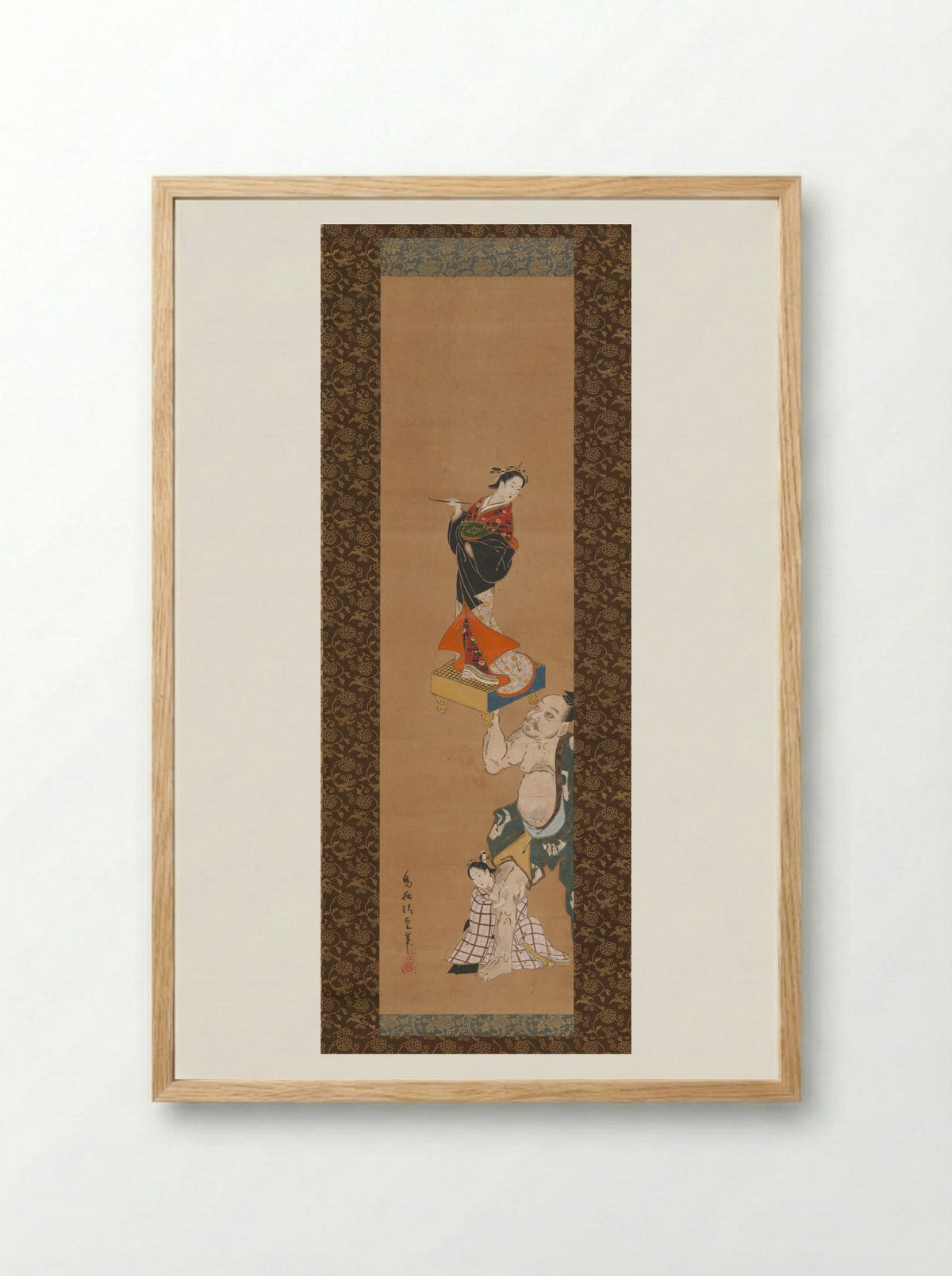 The Warrior Asahina Yoshihide Lifting a Puppet of a Courtesan on a Go Board - Torii Kiyoshige - Framed Print Wood