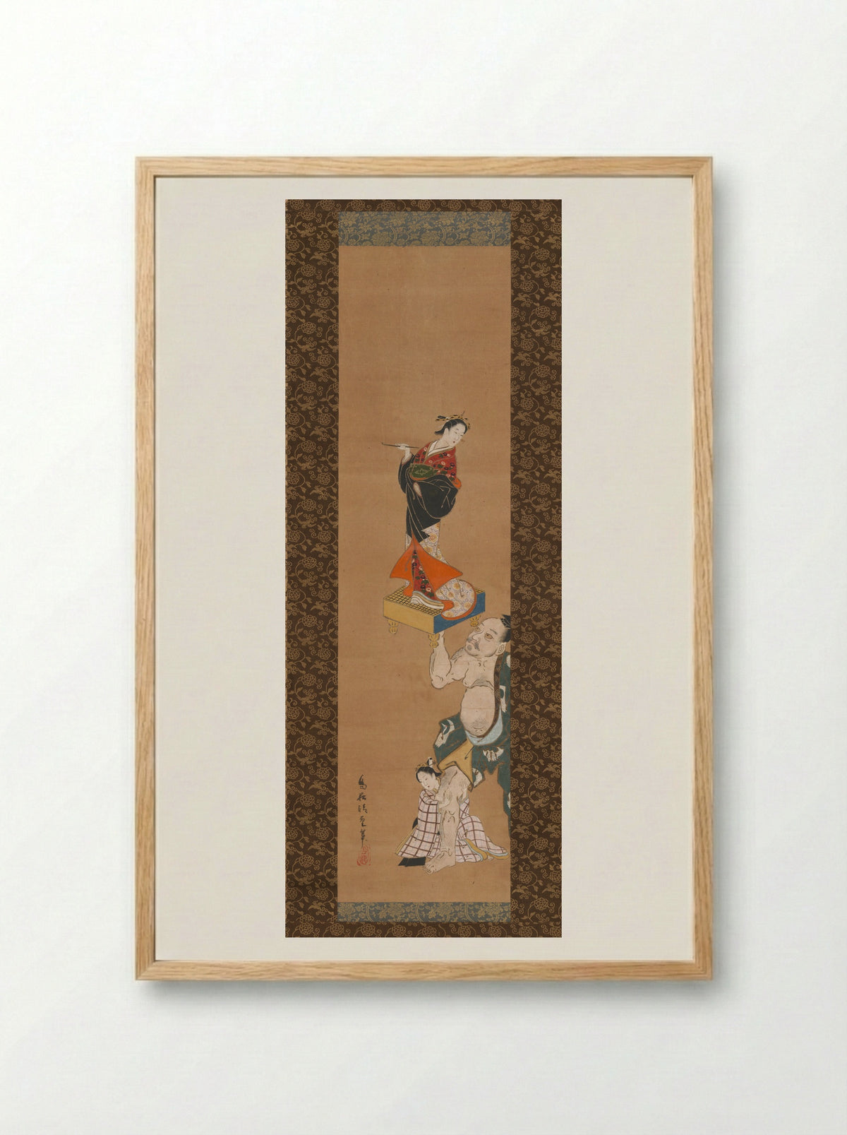 The Warrior Asahina Yoshihide Lifting a Puppet of a Courtesan on a Go Board - Torii Kiyoshige - Framed Print Wood