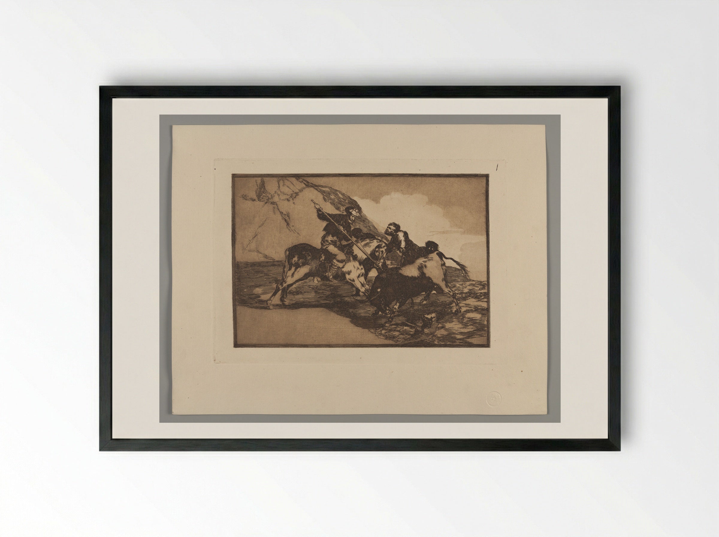 The Way in which the Ancient Spaniards Hunted Bulls on Horseback in the Open Country - Francisco José de Goya y Lucientes - Framed Print Black