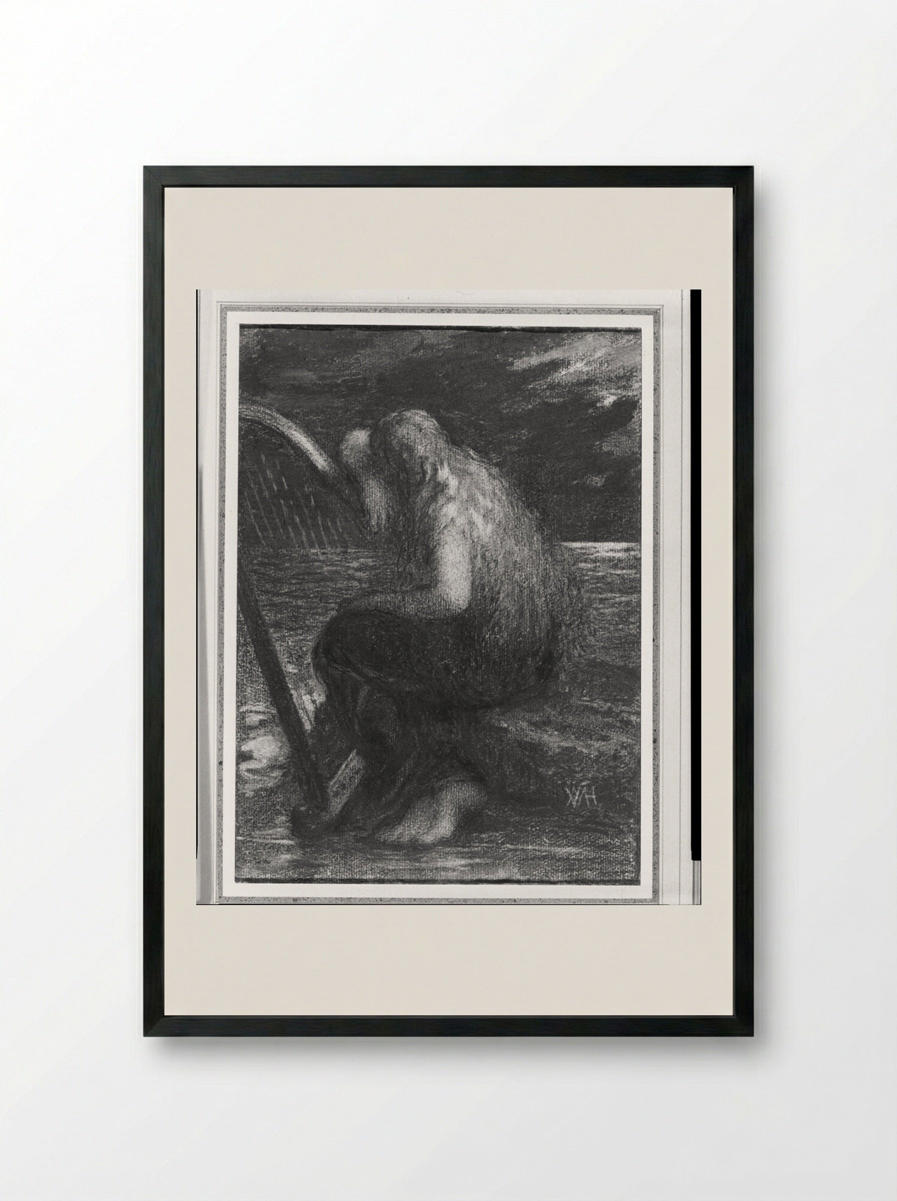 The Weeping Harpist - William Morris Hunt - Framed Print Black