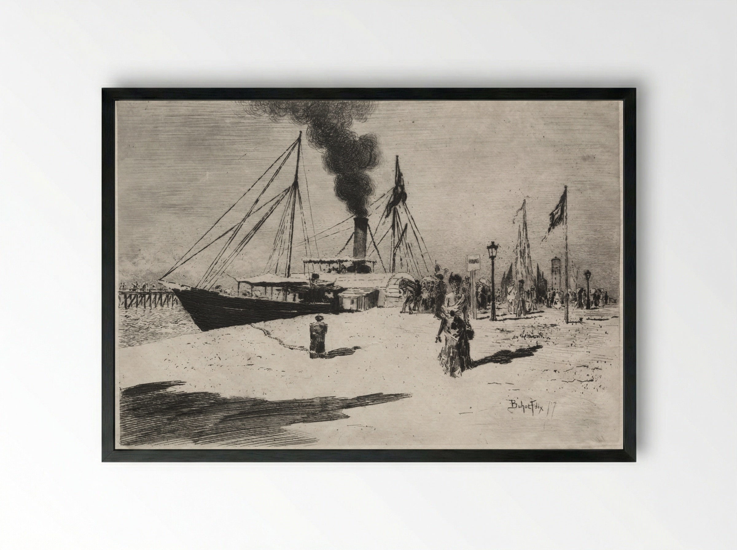 The Wharf at Trouville - Félix Hilaire Buhot - Framed Print Black