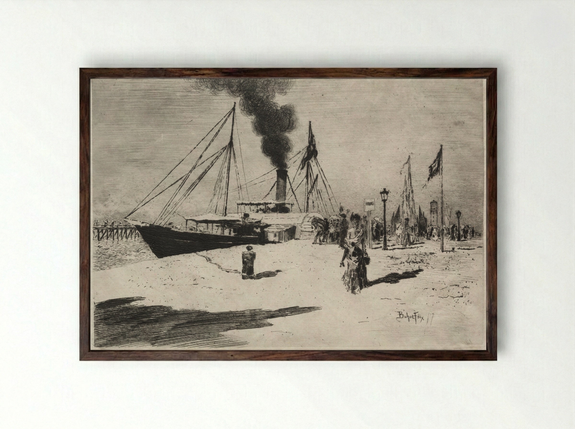 The Wharf at Trouville - Félix Hilaire Buhot - Framed Print Dark Wood