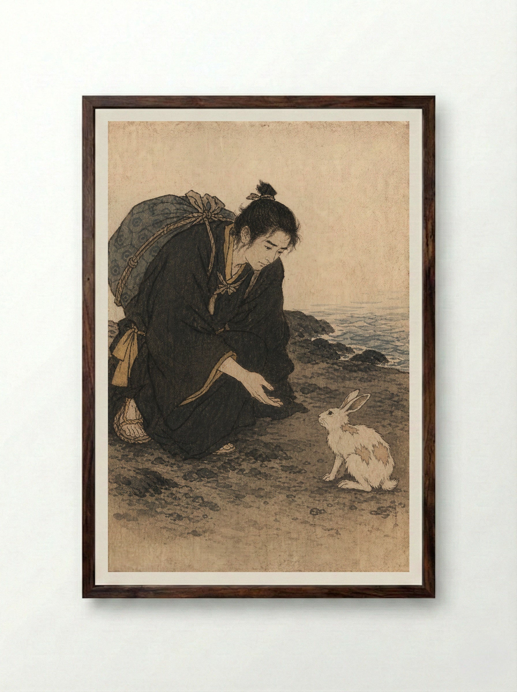 The White Hare of Inaba: The One Who Stopped - Framed Print Dark Wood