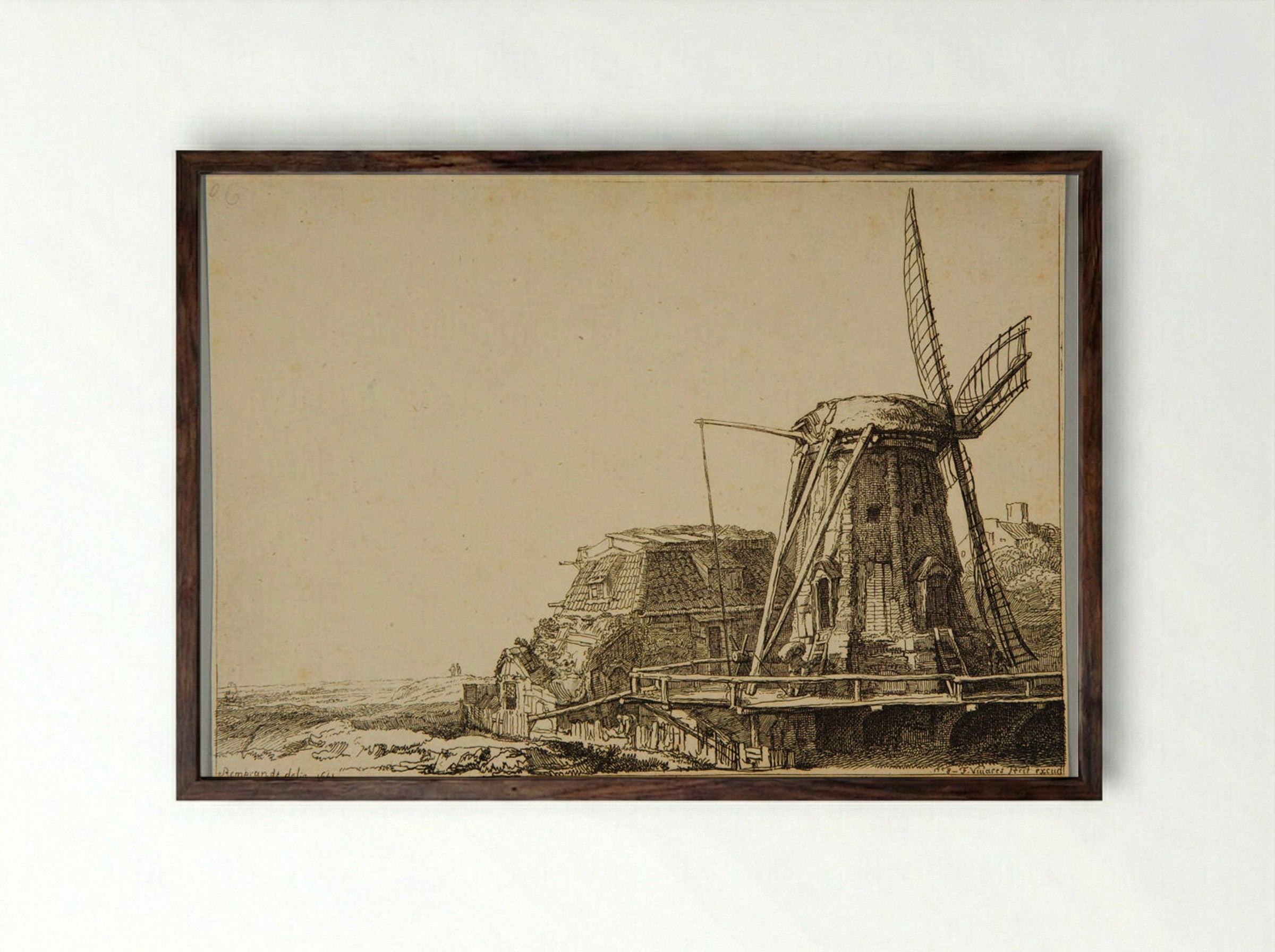 The Windmill (After Rembrandt) - François Vivares - Framed Print Dark Wood