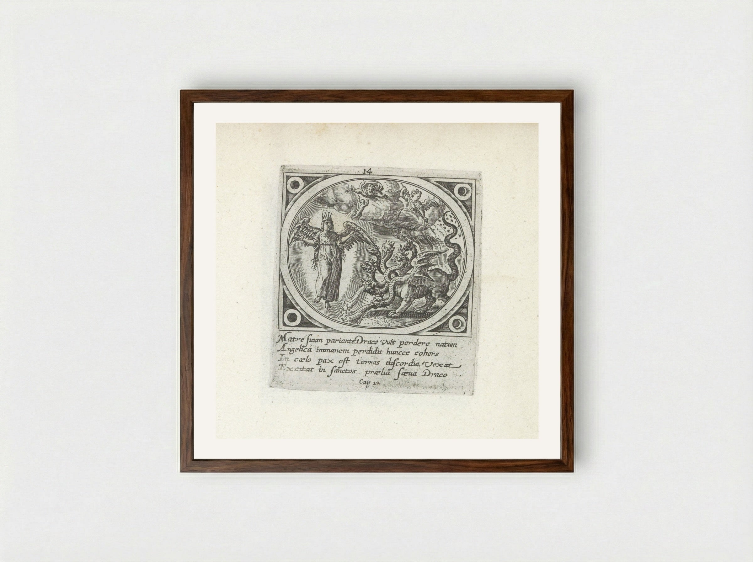 The Woman Clothed with the Sun and the Seven-Headed Dragon - Gerard de Jode - Framed Print Dark Wood