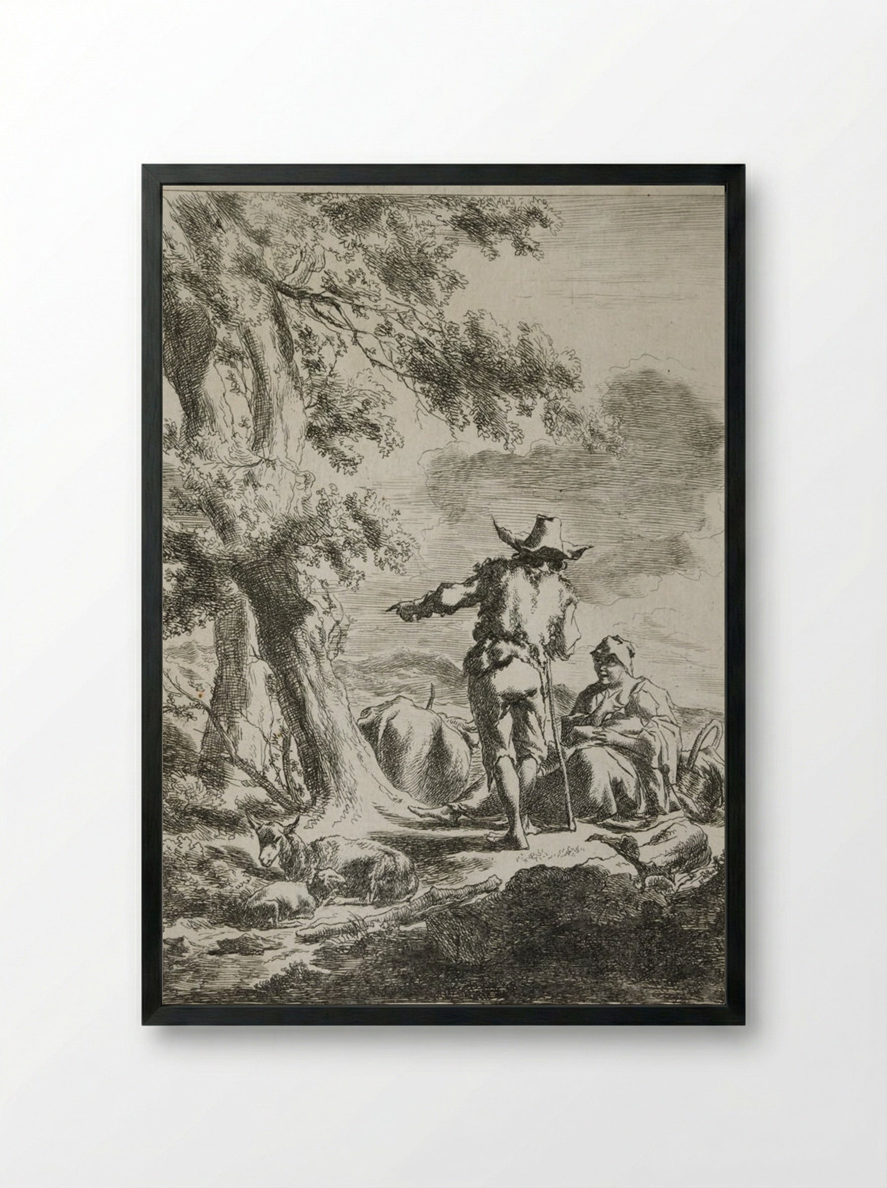 The Woman Speaking to the Shepherd - Nicolaes Berchem - Framed Print Black