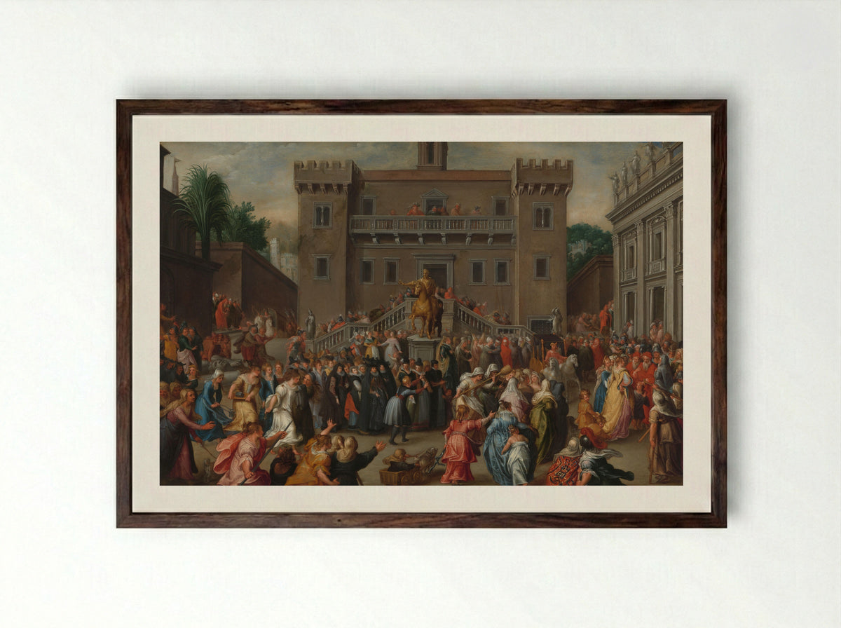 The Women of Rome Gathering at the Capitol - Pieter Isaacsz. - Framed Print Dark Wood