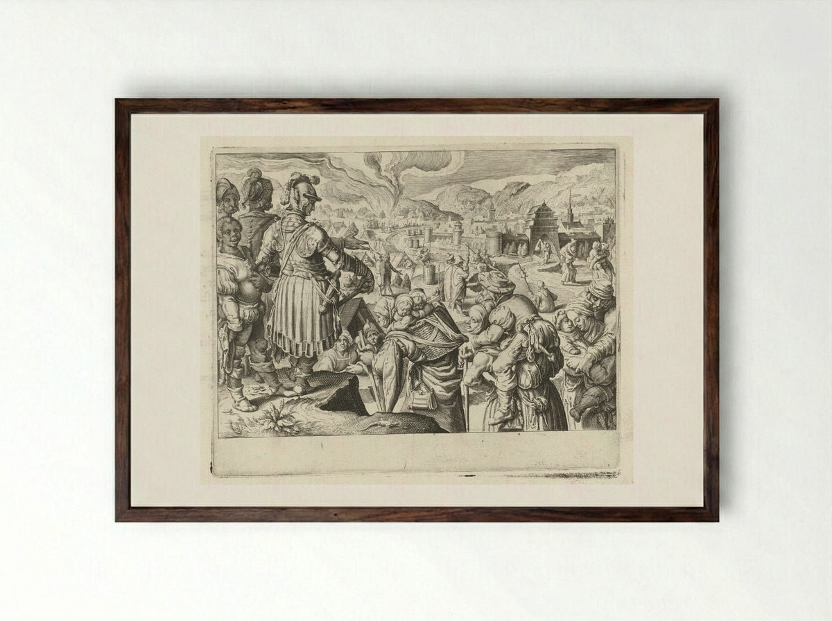 The Women of Weinsberg Carrying Their Husbands Out of the City - Zacharias Dolendo - Framed Print Dark Wood