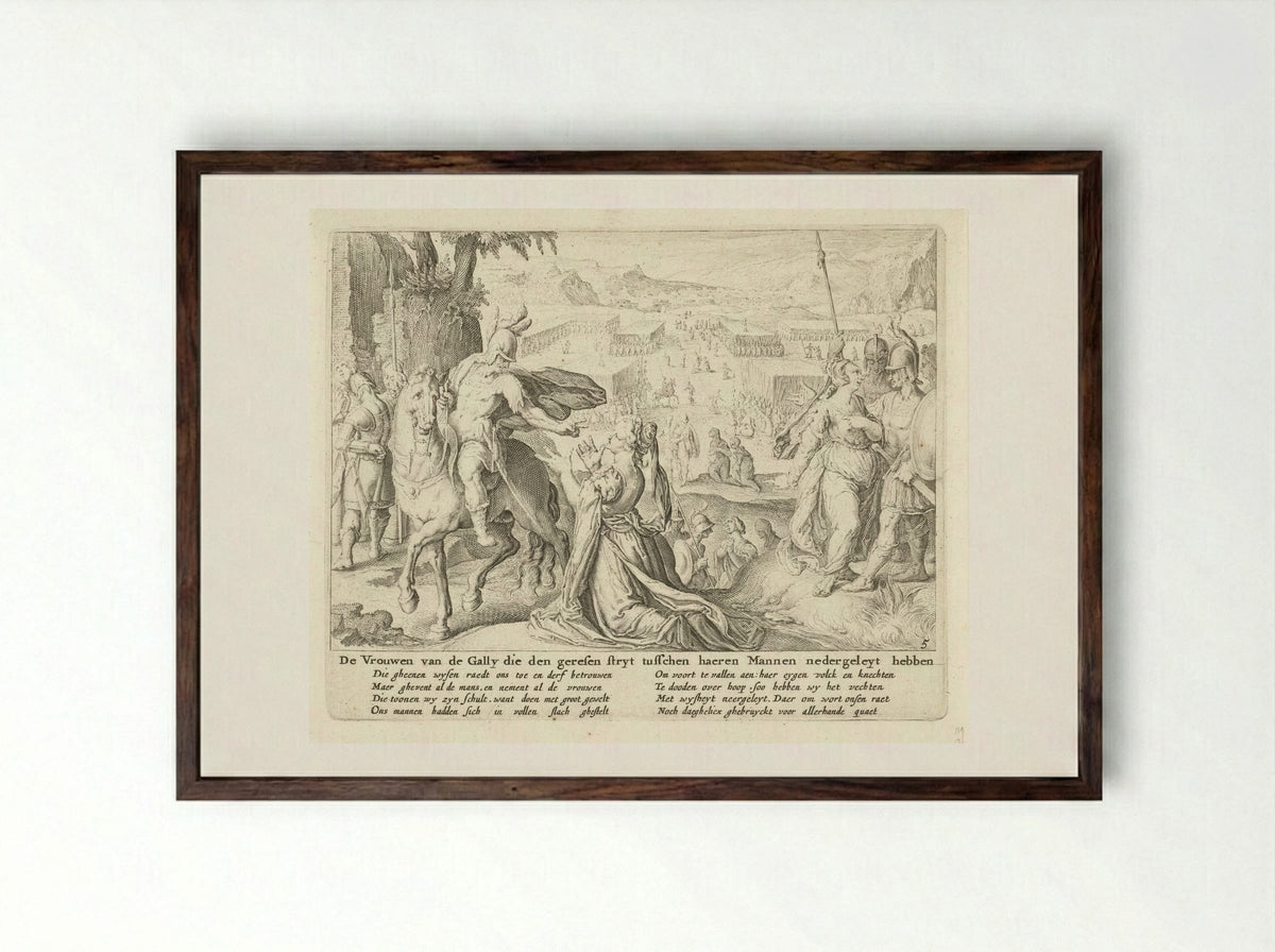 The Women of the Gally Restraining Their Men from Fighting - Zacharias Dolendo - Framed Print Dark Wood