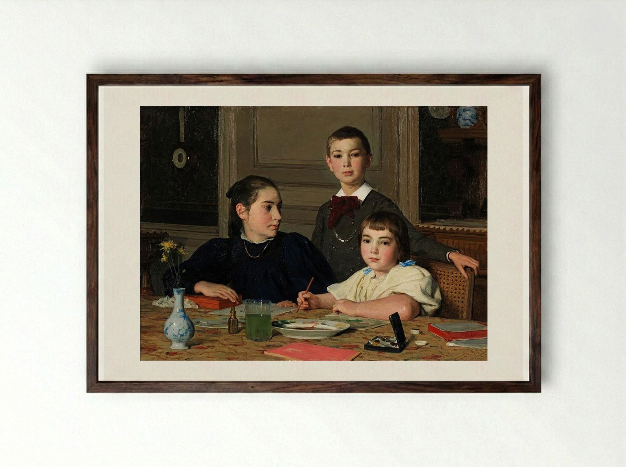 The Zaeslin Siblings - Albert Anker - Framed Print Dark Wood