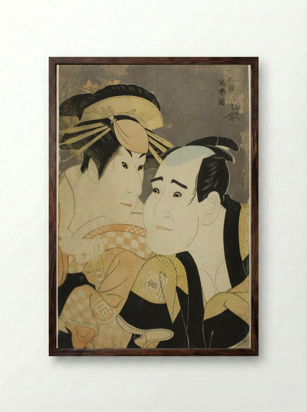 The actors Ichikawa Tomiemon as Kanisaka Toma and Sanogawa Ichimatsu III as the Gion Prostitute Onayo - Tōshūsai Sharaku - Framed Print Dark Wood