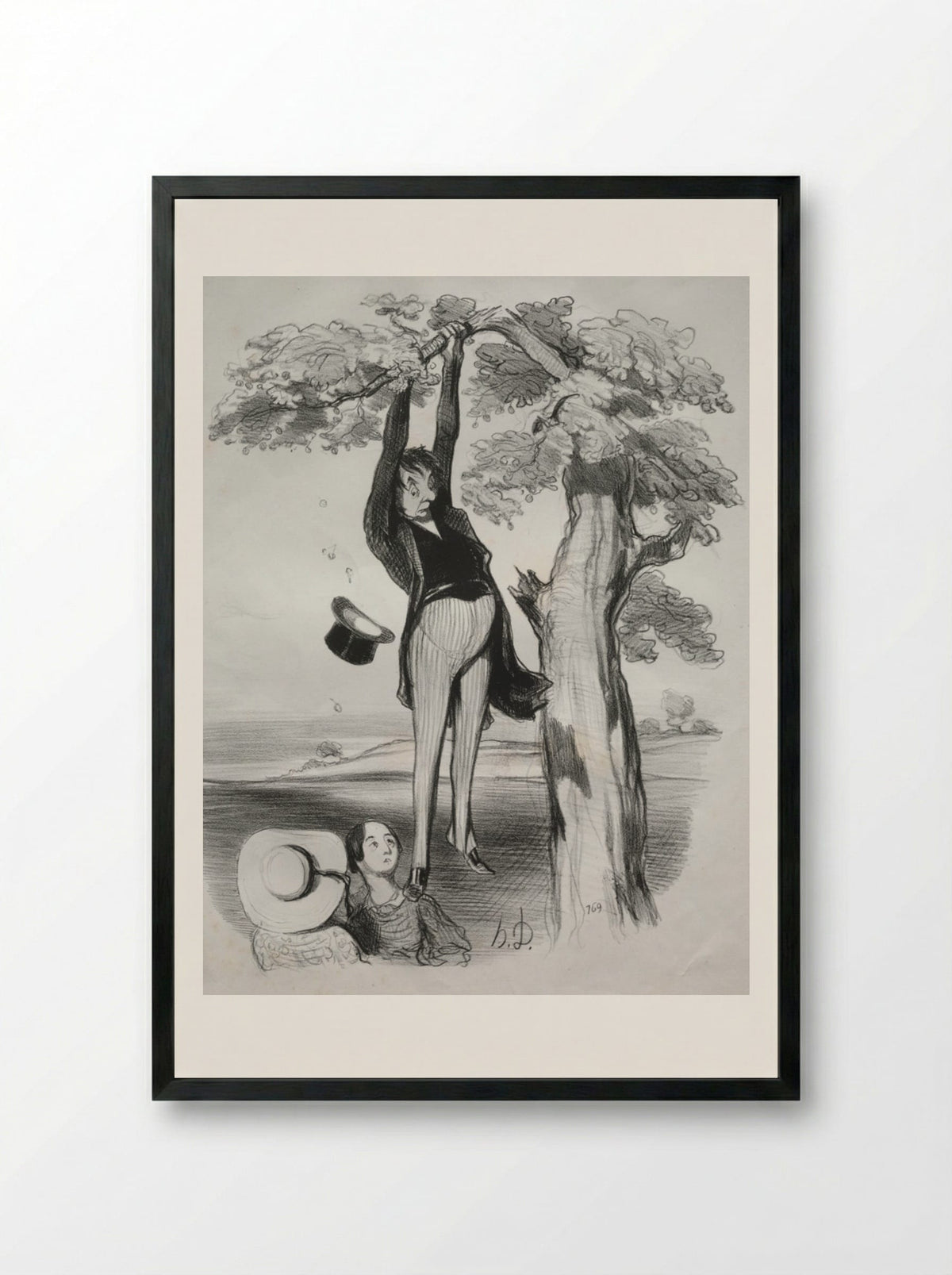 The hazards of shaking a plum tree too vigorously, when one too is mature - Honoré Daumier - Framed Print Black