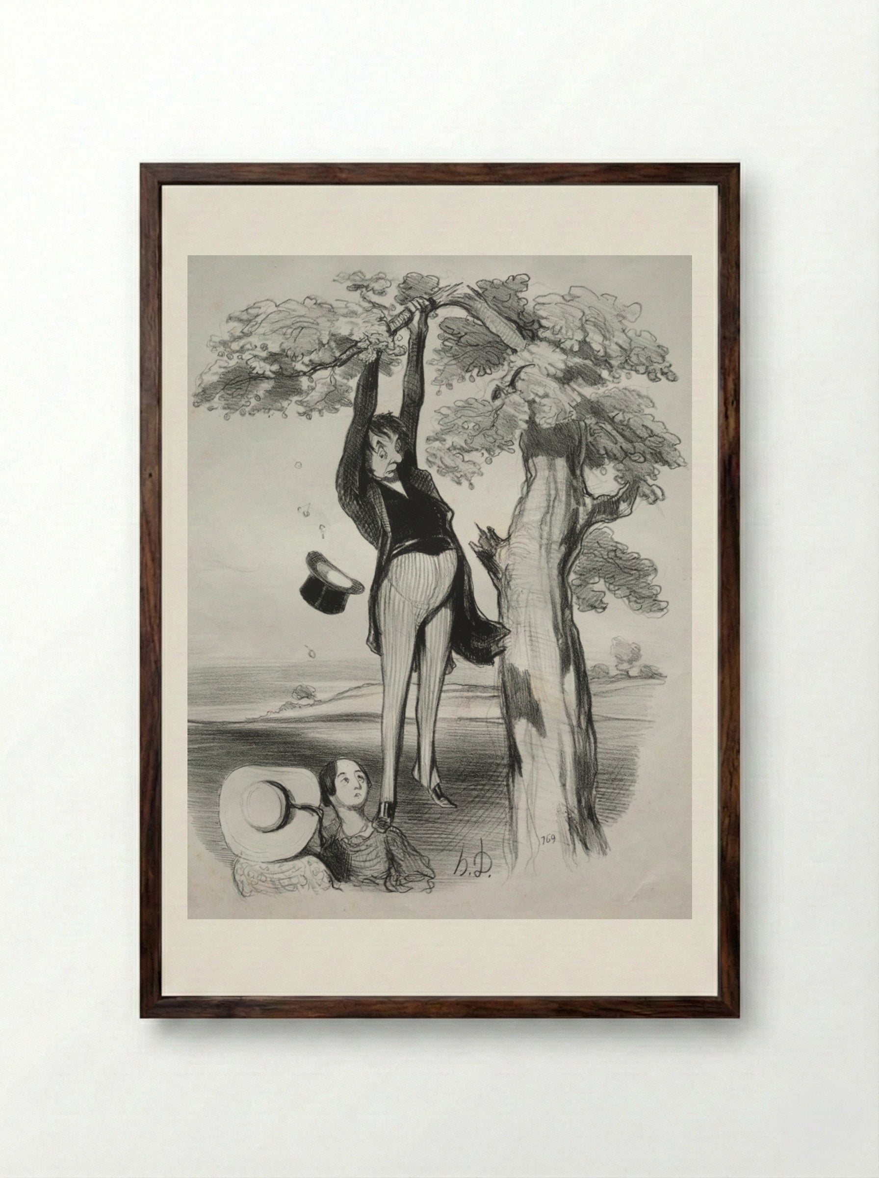 The hazards of shaking a plum tree too vigorously, when one too is mature - Honoré Daumier - Framed Print Dark Wood