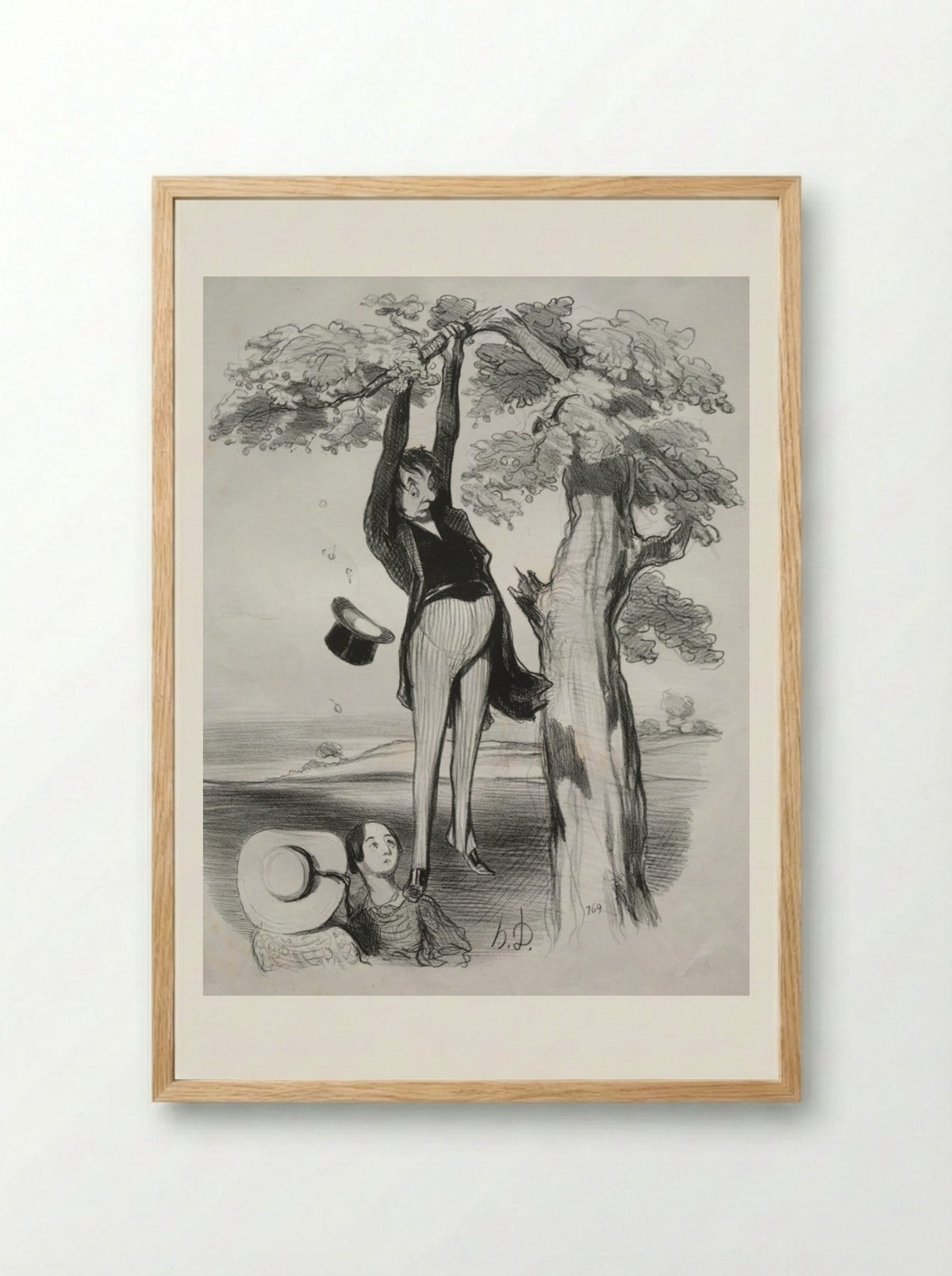 The hazards of shaking a plum tree too vigorously, when one too is mature - Honoré Daumier - Framed Print Wood