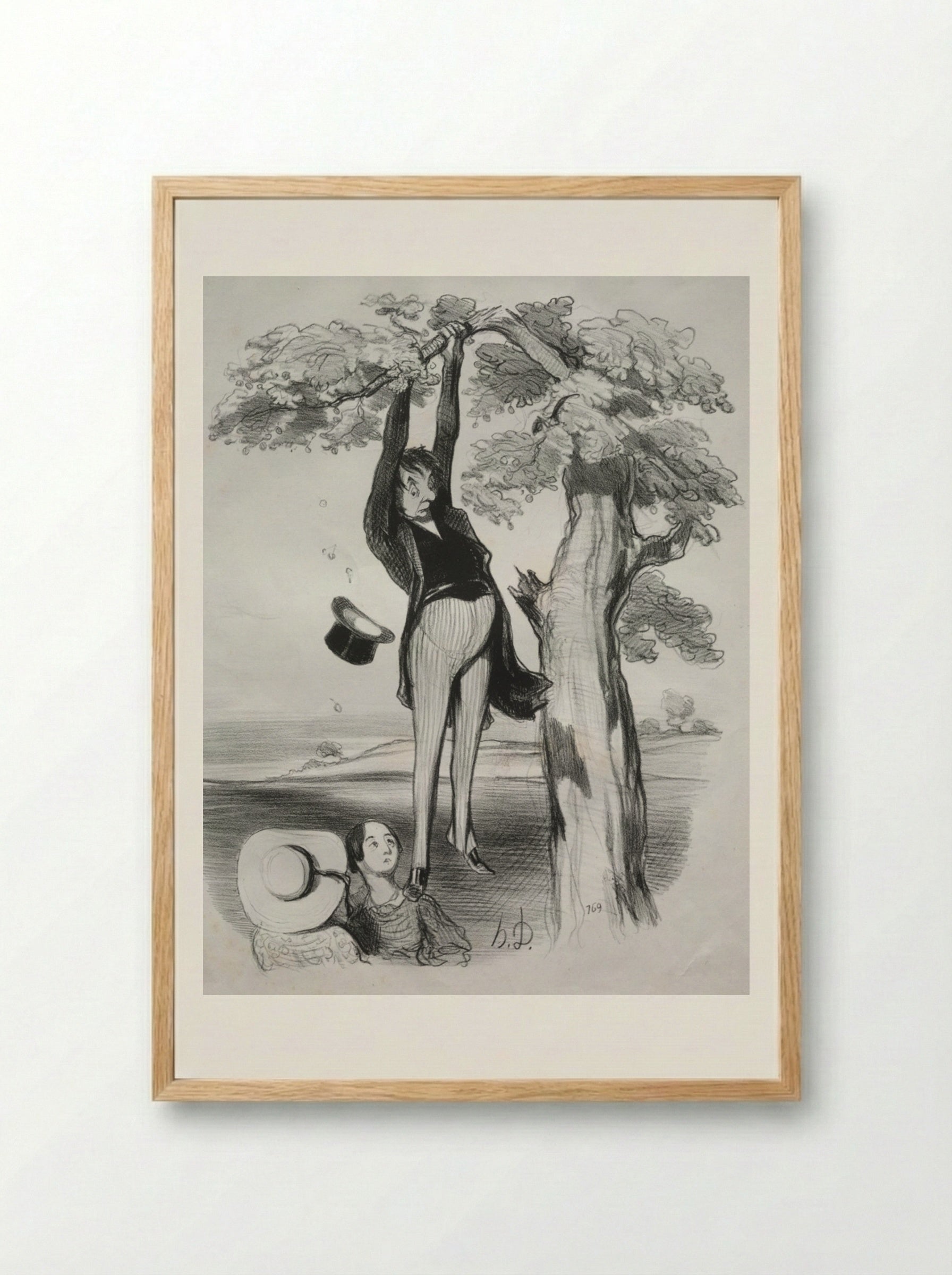 The hazards of shaking a plum tree too vigorously, when one too is mature - Honoré Daumier - Framed Print Wood