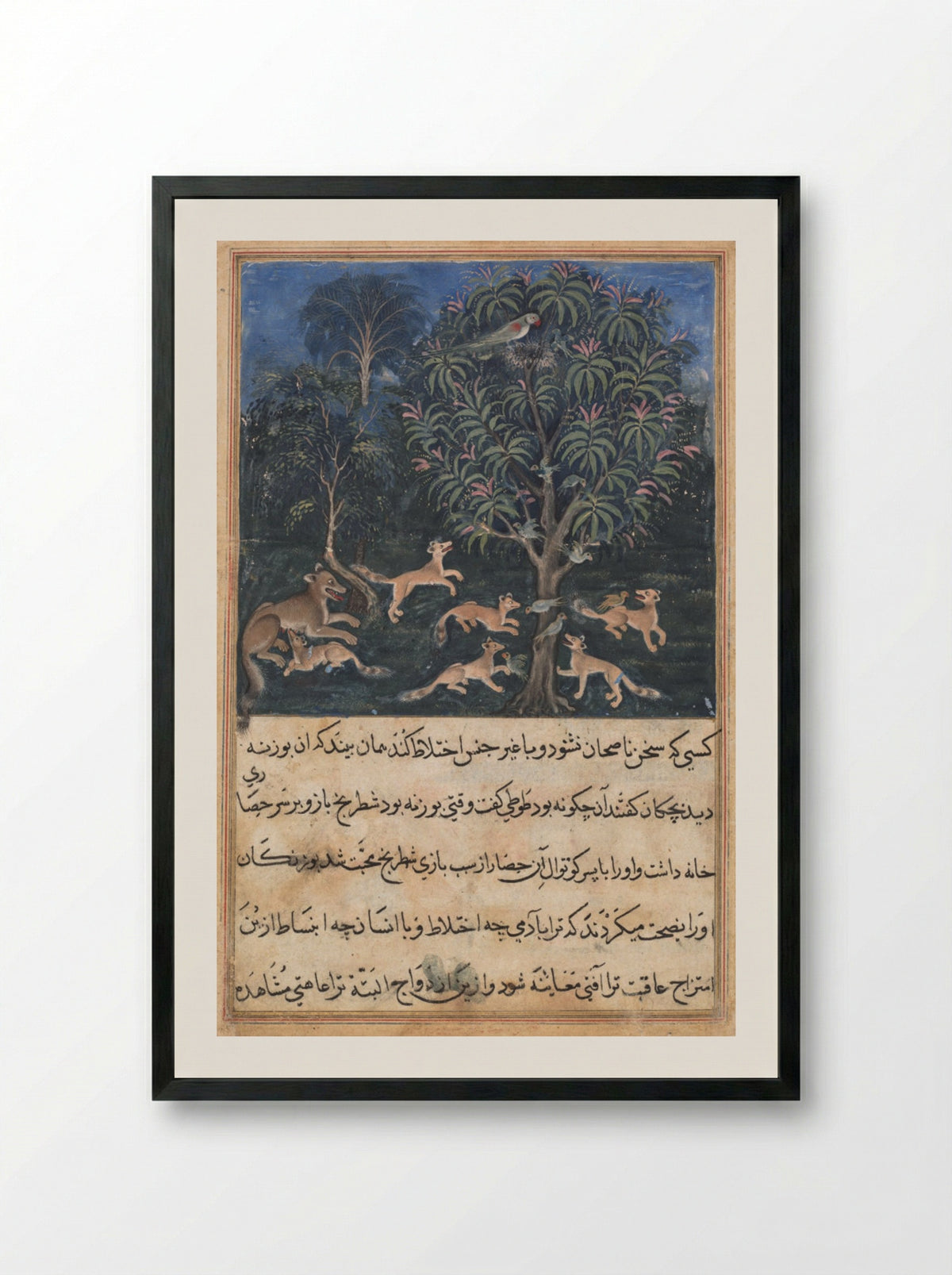 The parrot mother cautions her young on the danger of playing with foxes - Dasavanta - Framed Print Black