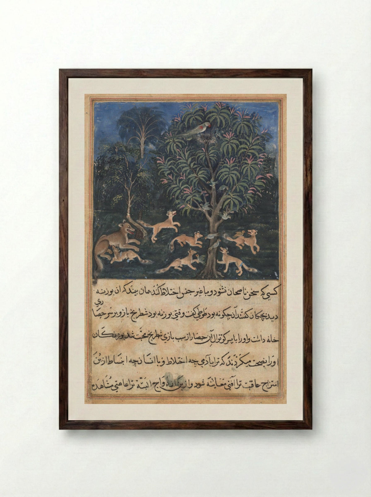 The parrot mother cautions her young on the danger of playing with foxes - Dasavanta - Framed Print Dark Wood