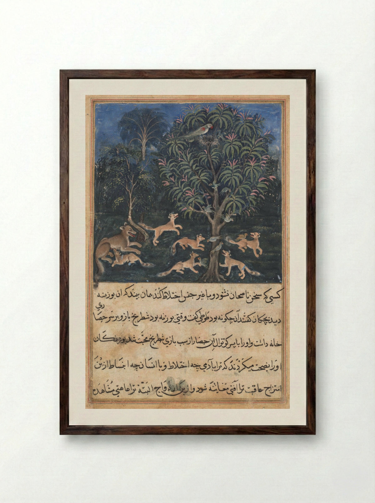The parrot mother cautions her young on the danger of playing with foxes - Dasavanta - Framed Print Dark Wood